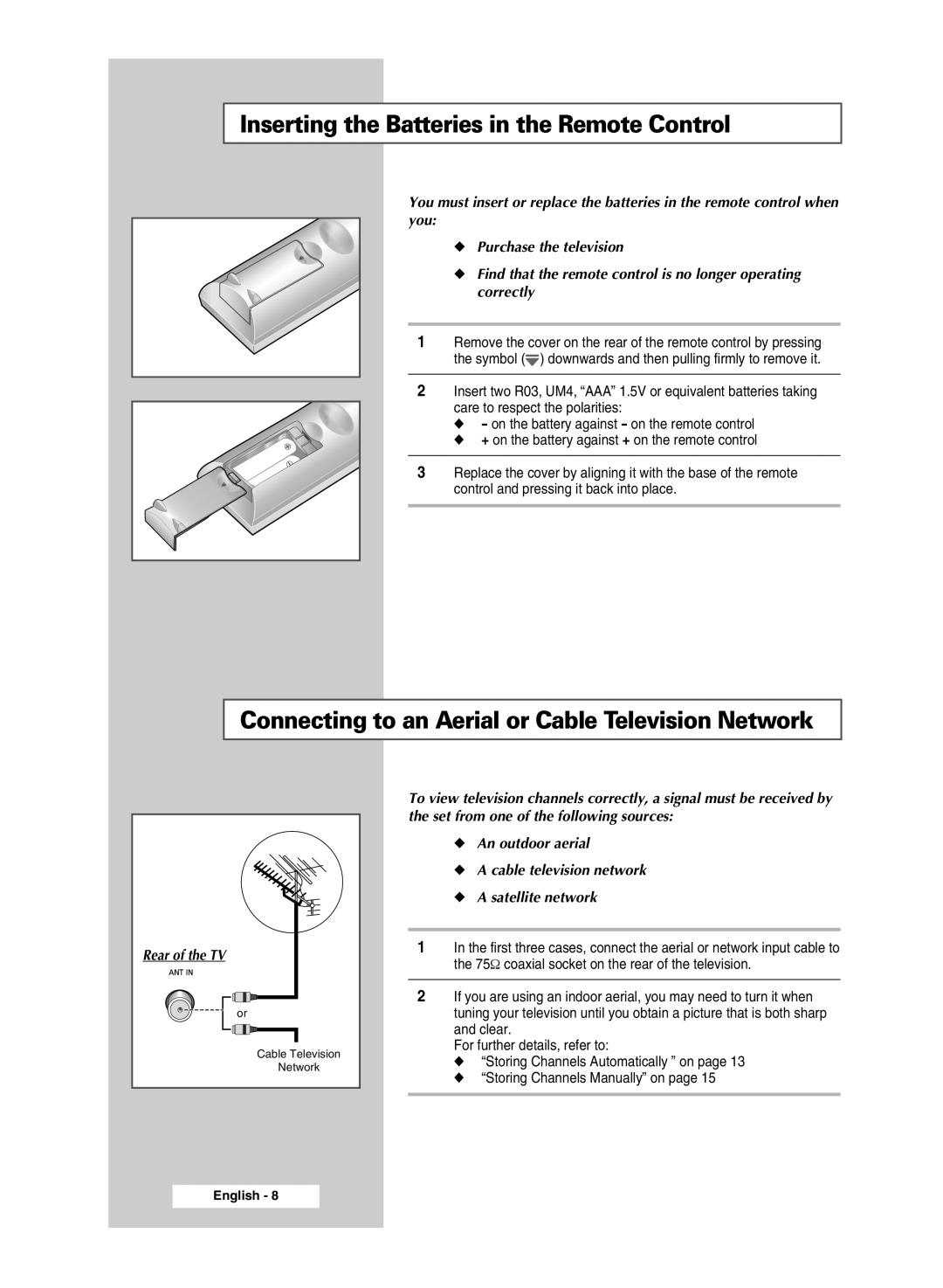 Samsung CW-29M026V Inserting the Batteries in the Remote Control, Connecting to an Aerial or Cable Television Network 