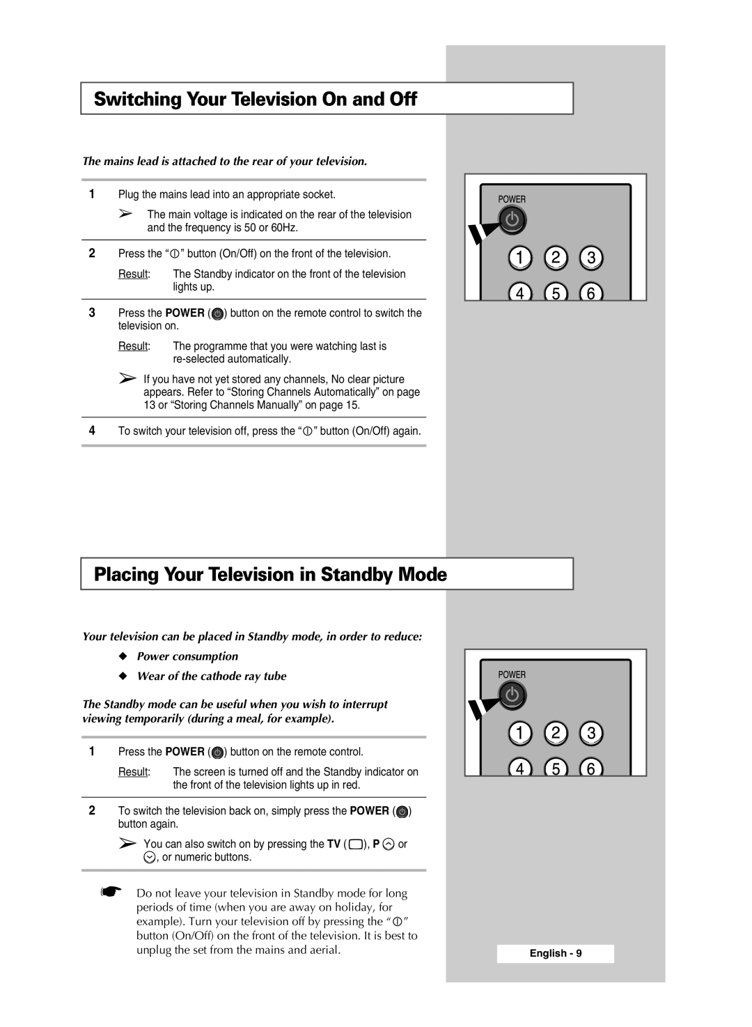 Samsung CW-29M026V manual Switching Your Television On and Off, Placing Your Television in Standby Mode 