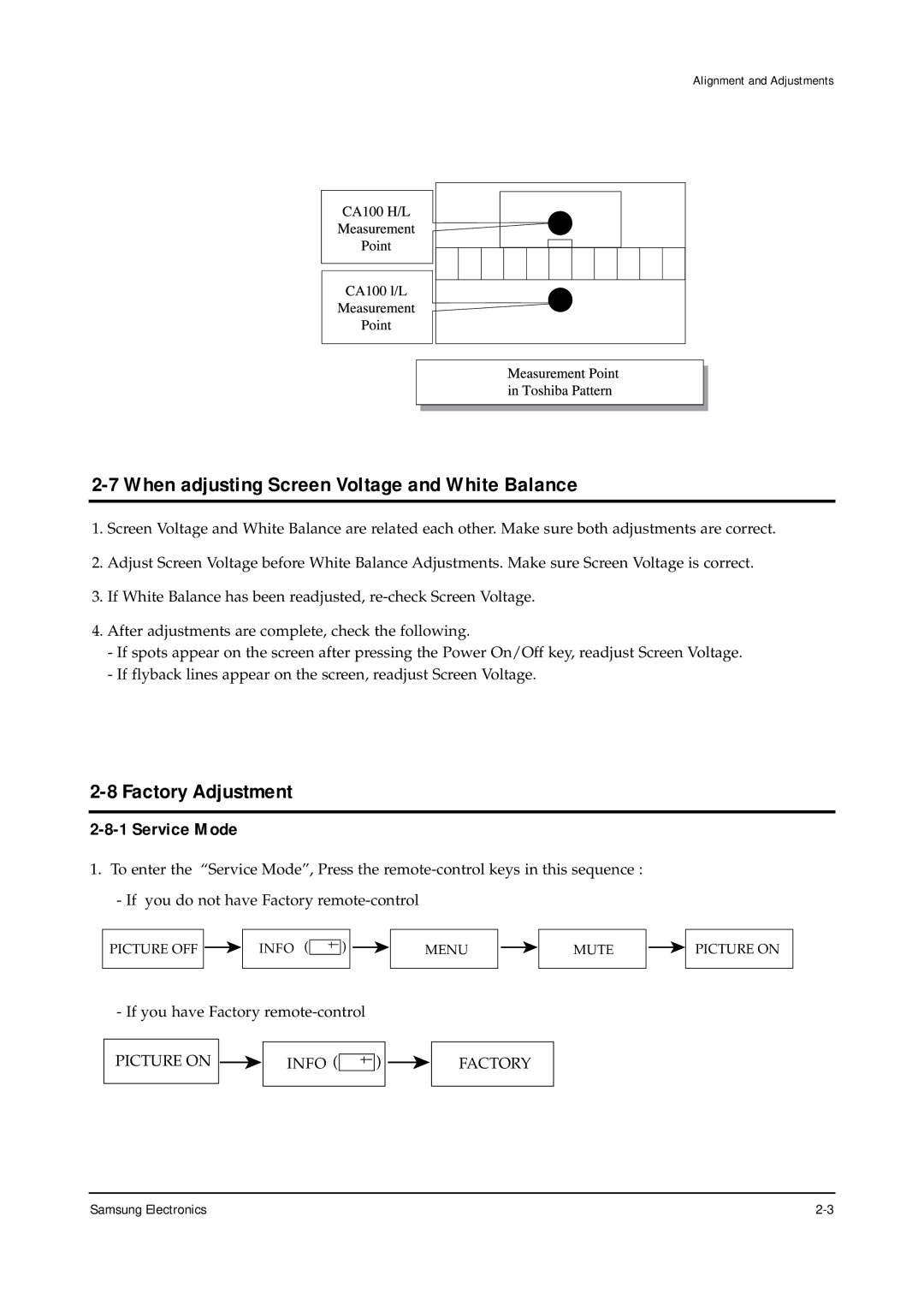 Samsung CW25M064NRXXEC specifications When adjusting Screen Voltage and White Balance, Factory Adjustment 