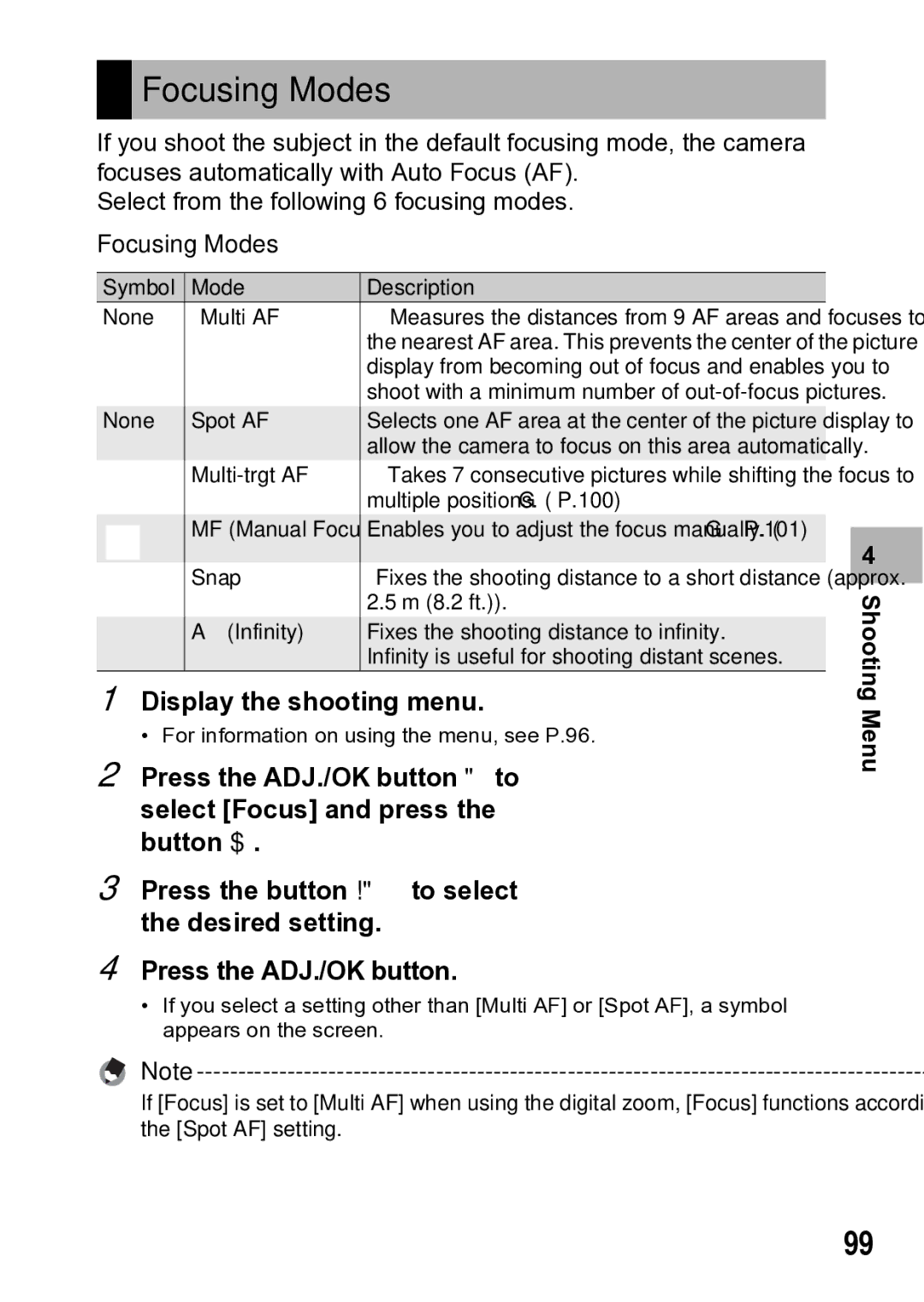 Samsung CX1 manual Focusing Modes 