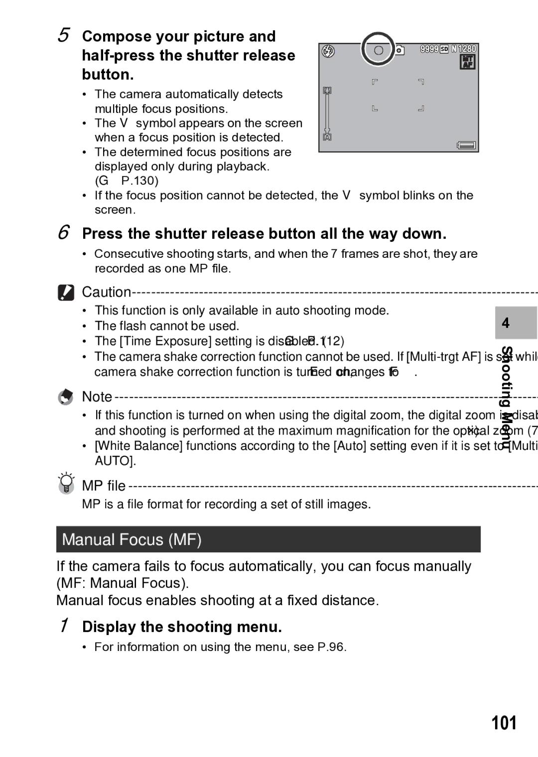 Samsung CX1 manual 101, Manual Focus MF, Compose your picture Half-press the shutter release button 