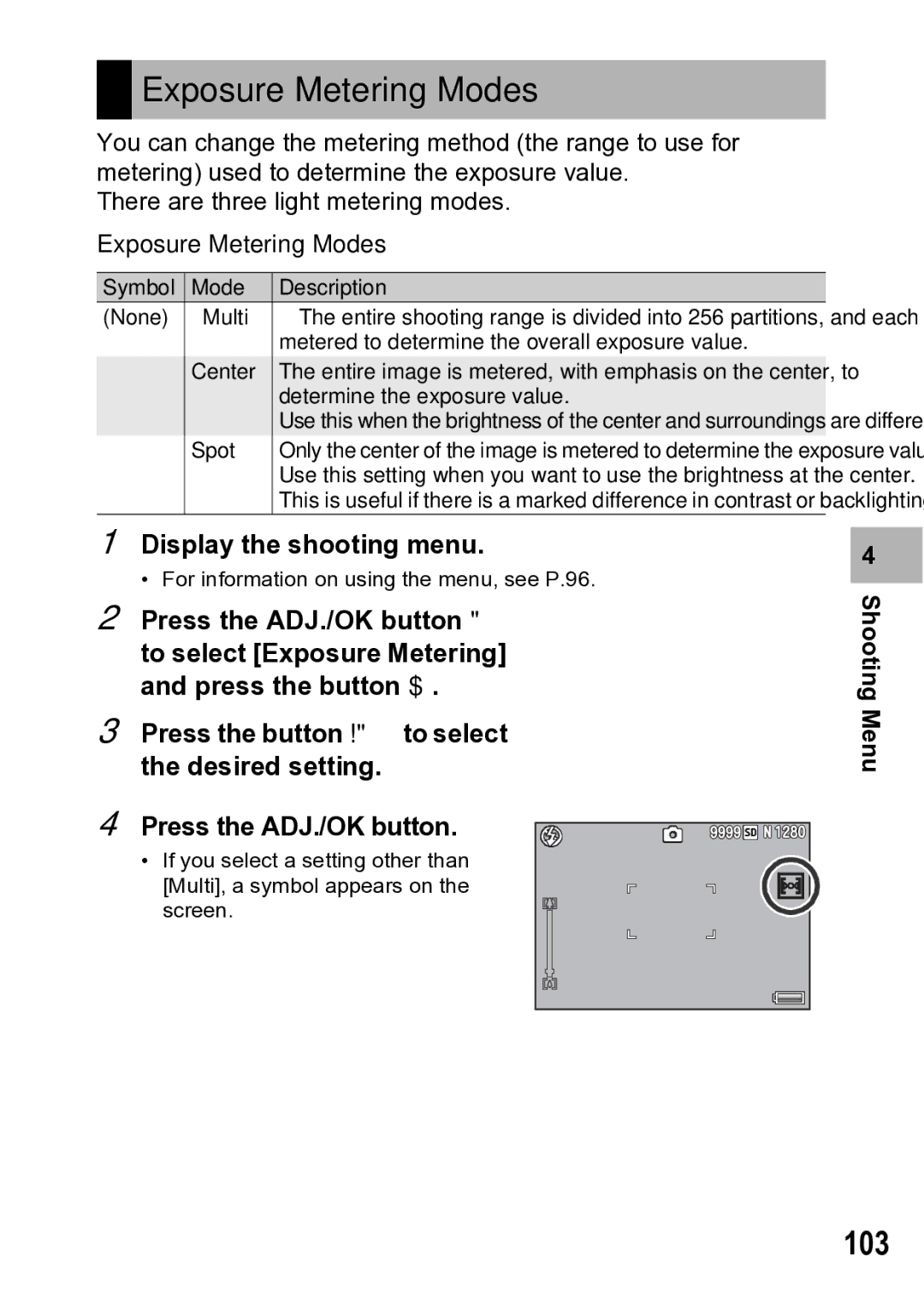 Samsung CX1 manual Exposure Metering Modes, 103 