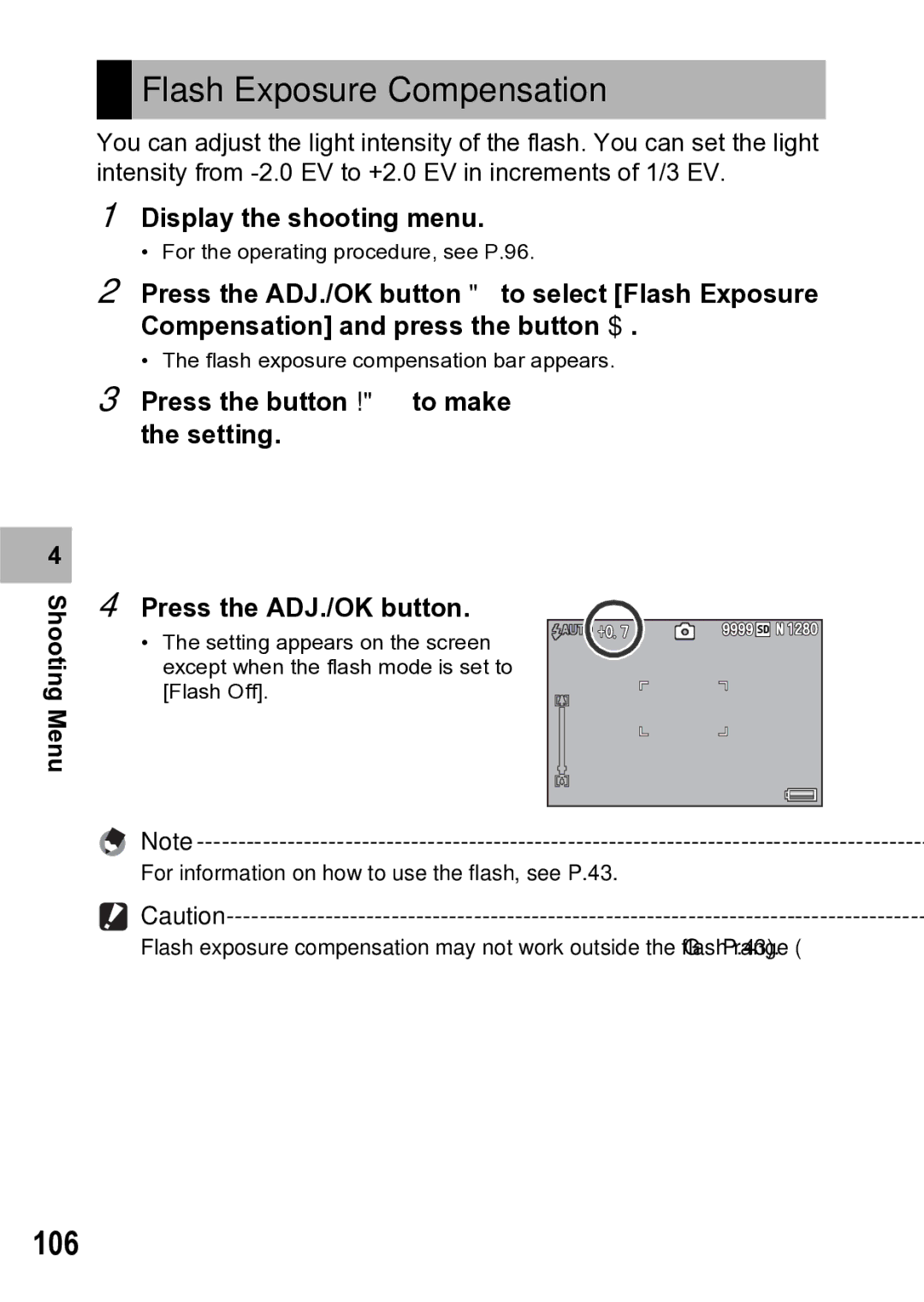 Samsung CX1 manual Flash Exposure Compensation, 106 