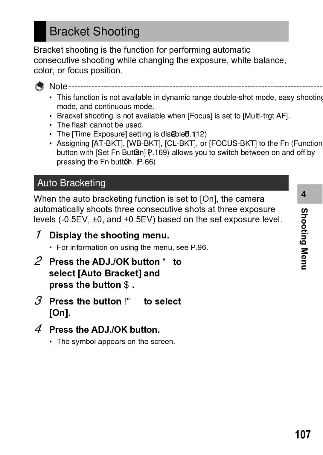 Samsung CX1 manual Bracket Shooting, 107, Auto Bracketing 