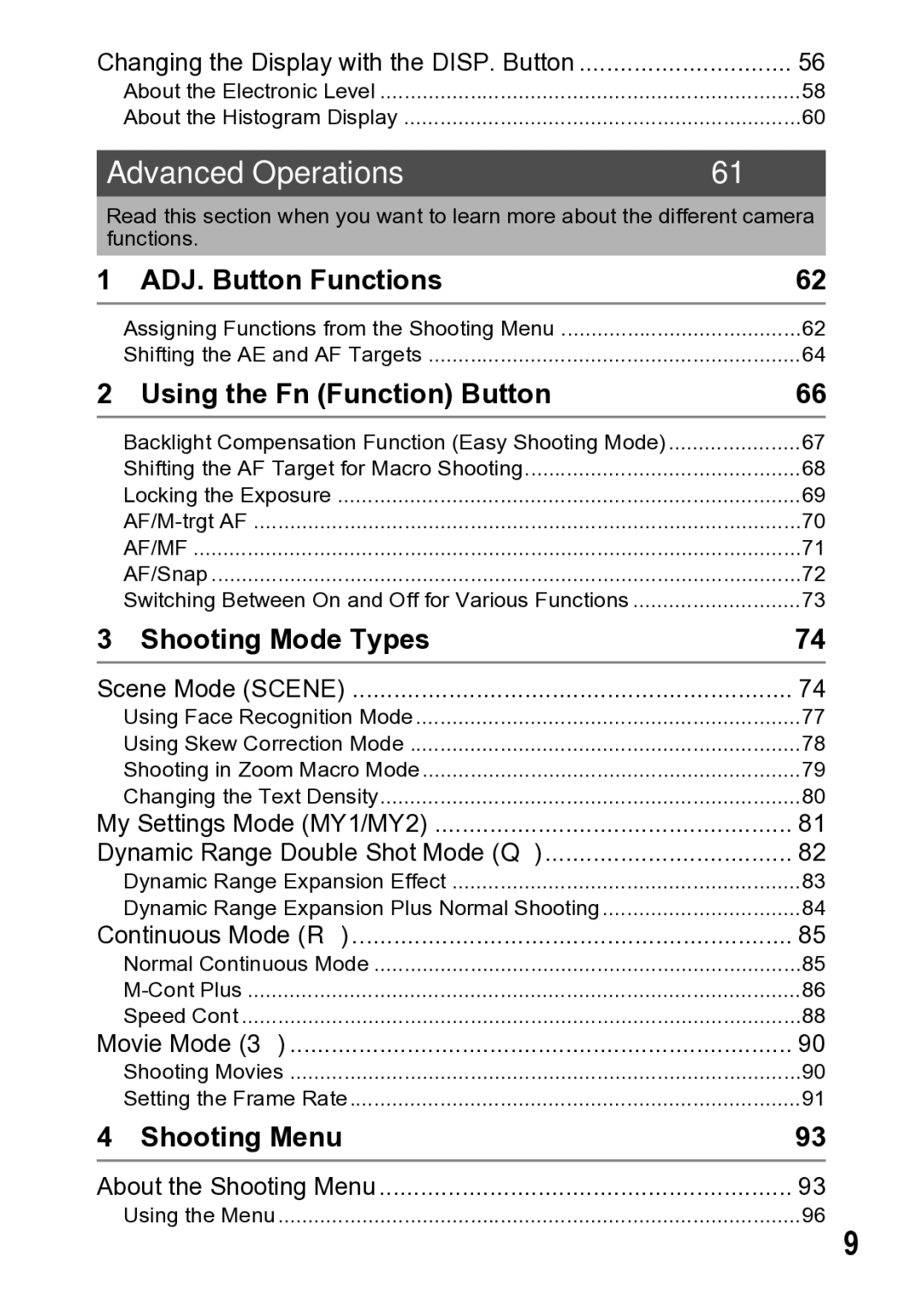 Samsung CX1 Advanced Operations, ADJ. Button Functions, Using the Fn Function Button, Shooting Mode Types, Shooting Menu 