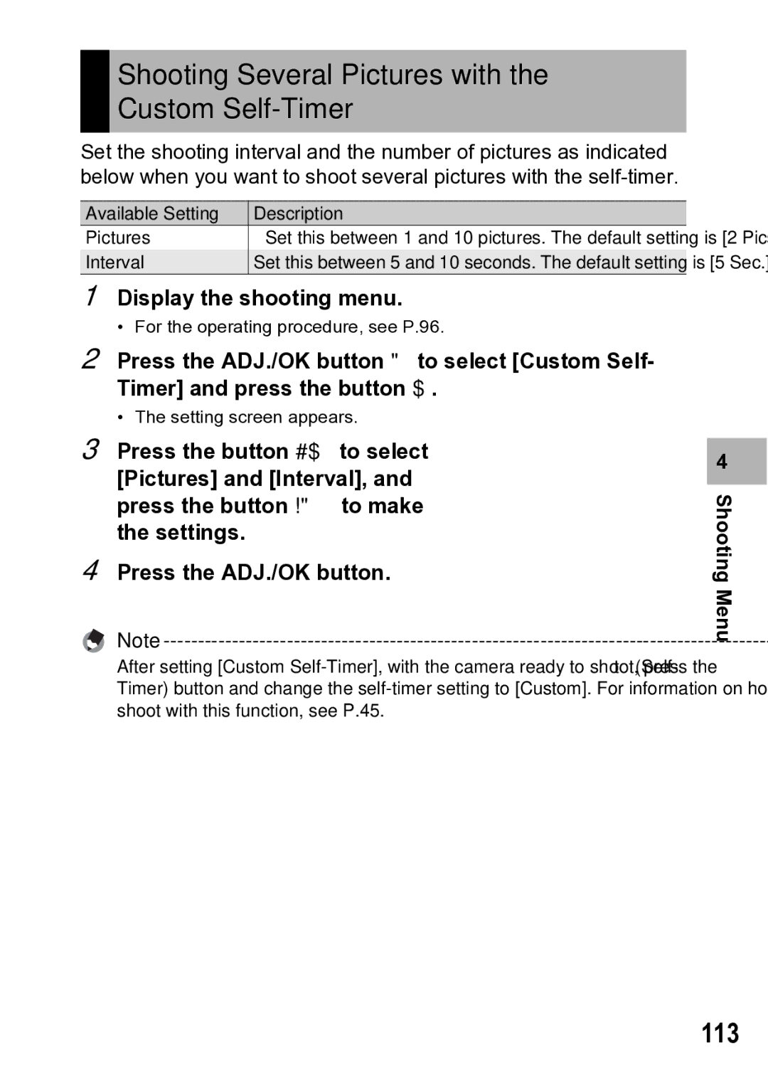 Samsung CX1 manual Shooting Several Pictures with the Custom Self-Timer, 113 