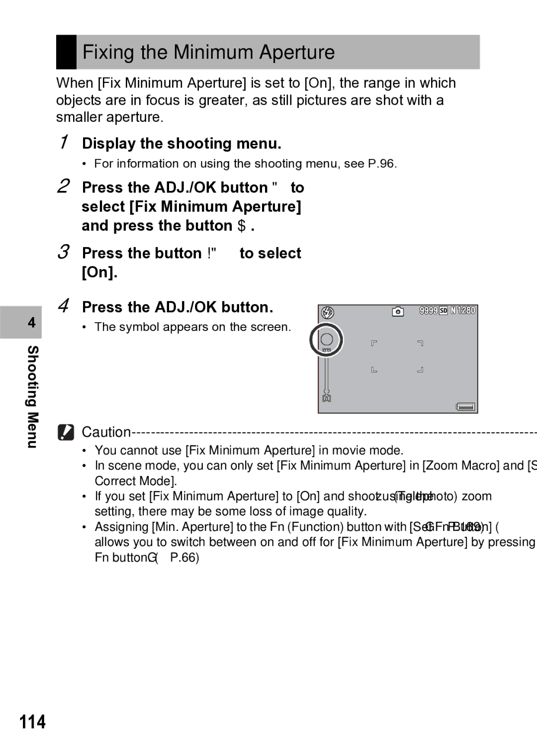 Samsung CX1 manual Fixing the Minimum Aperture, 114 