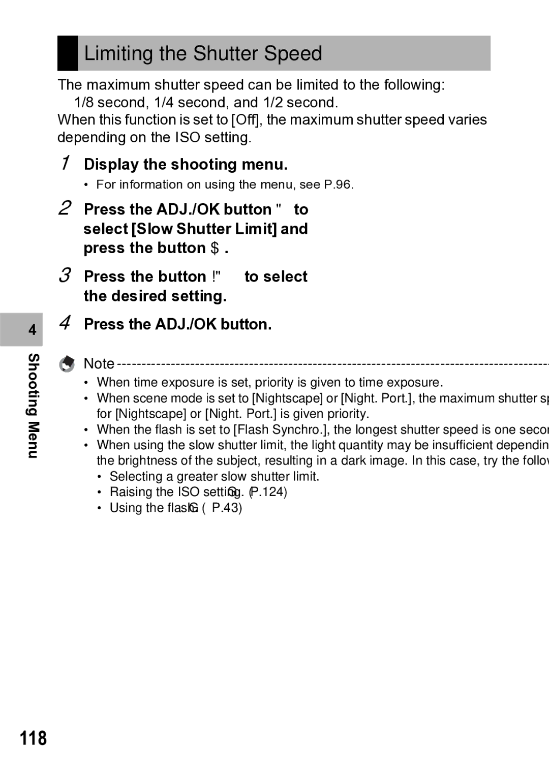 Samsung CX1 manual Limiting the Shutter Speed, 118 