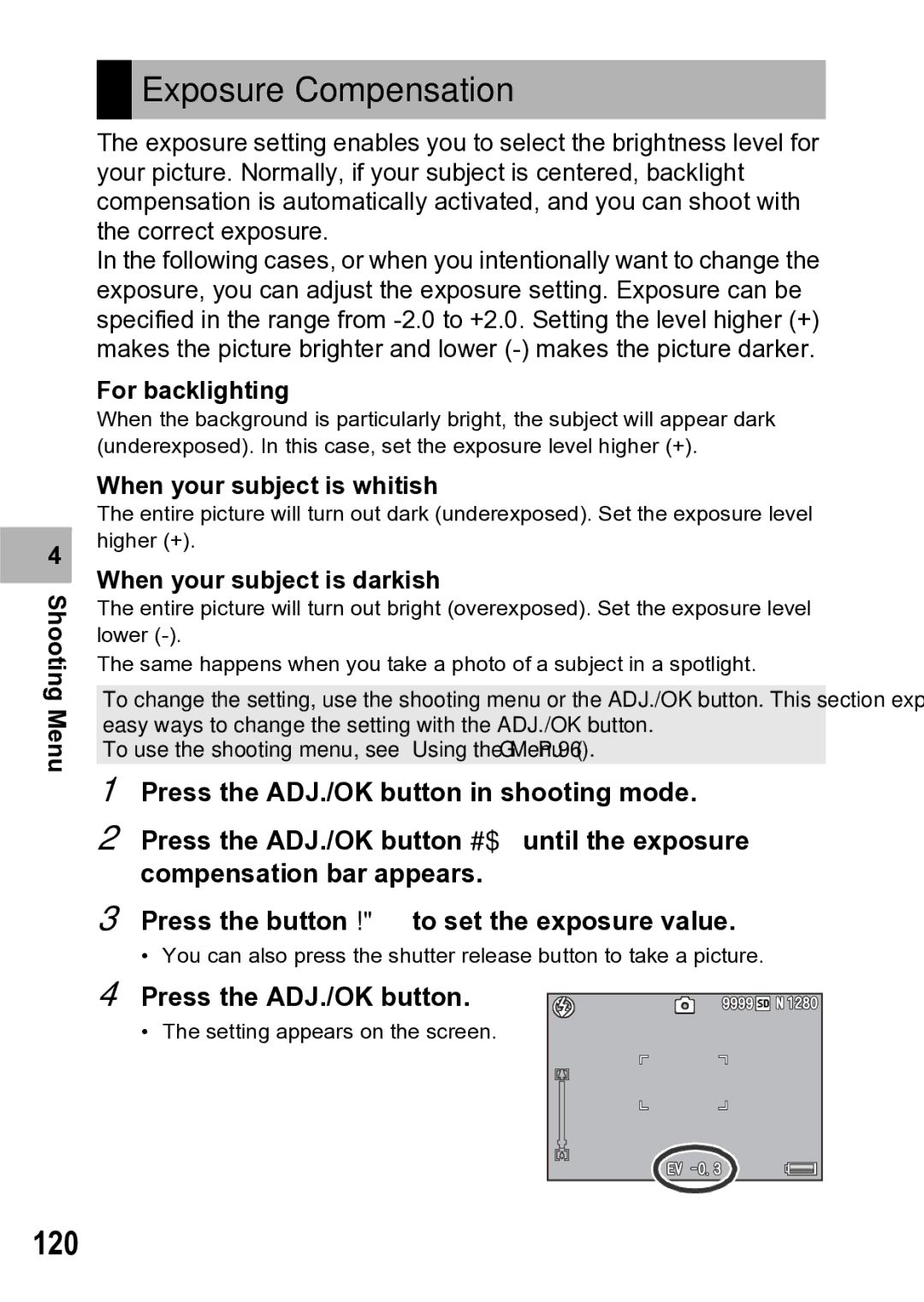 Samsung CX1 manual Exposure Compensation, 120, For backlighting, When your subject is whitish, When your subject is darkish 