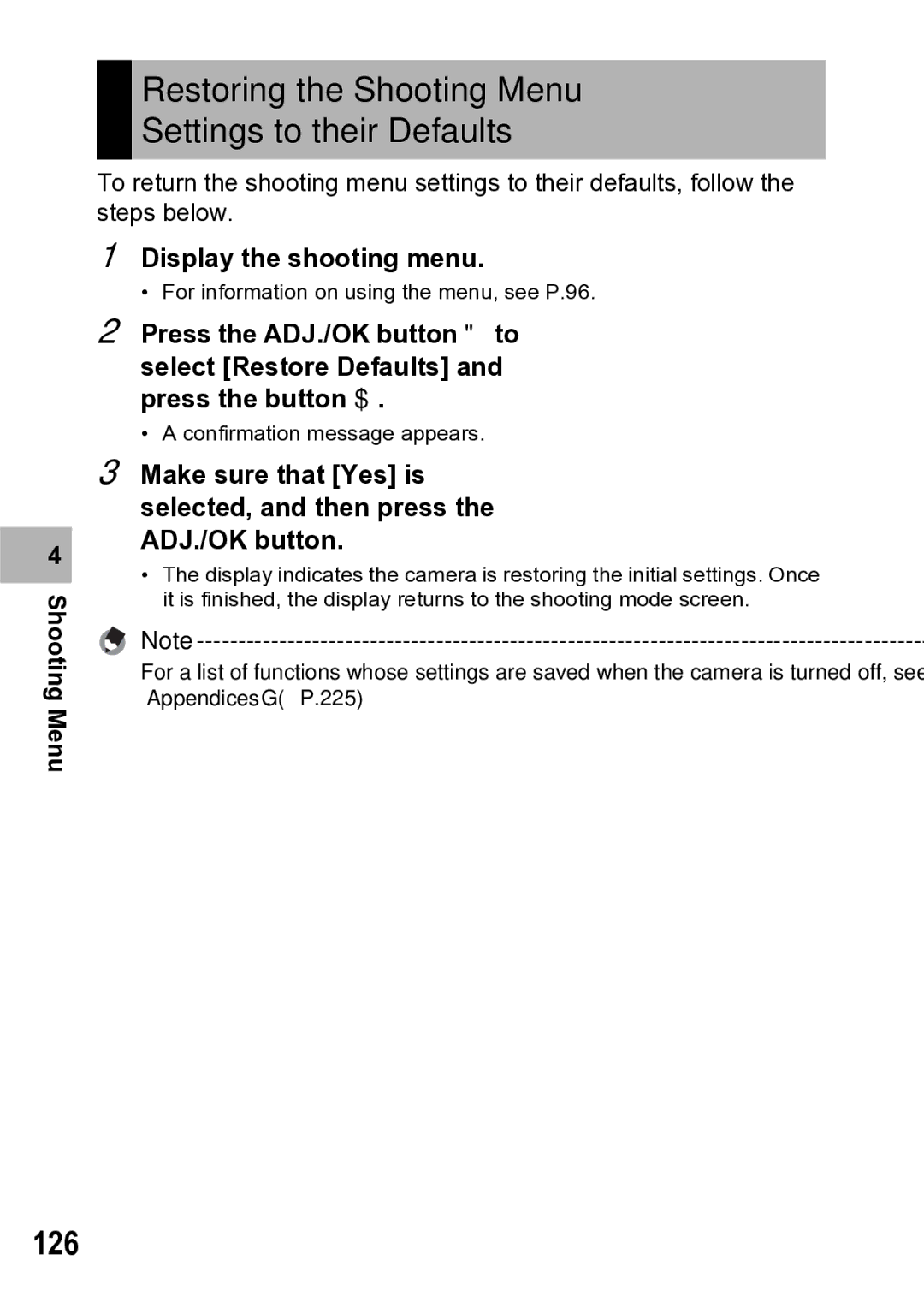 Samsung CX1 manual Restoring the Shooting Menu Settings to their Defaults, 126 