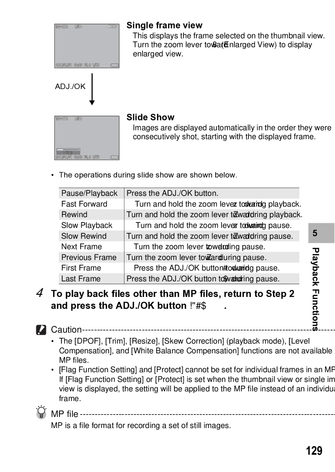 Samsung CX1 manual 129, Single frame view, Slide Show, Functions 