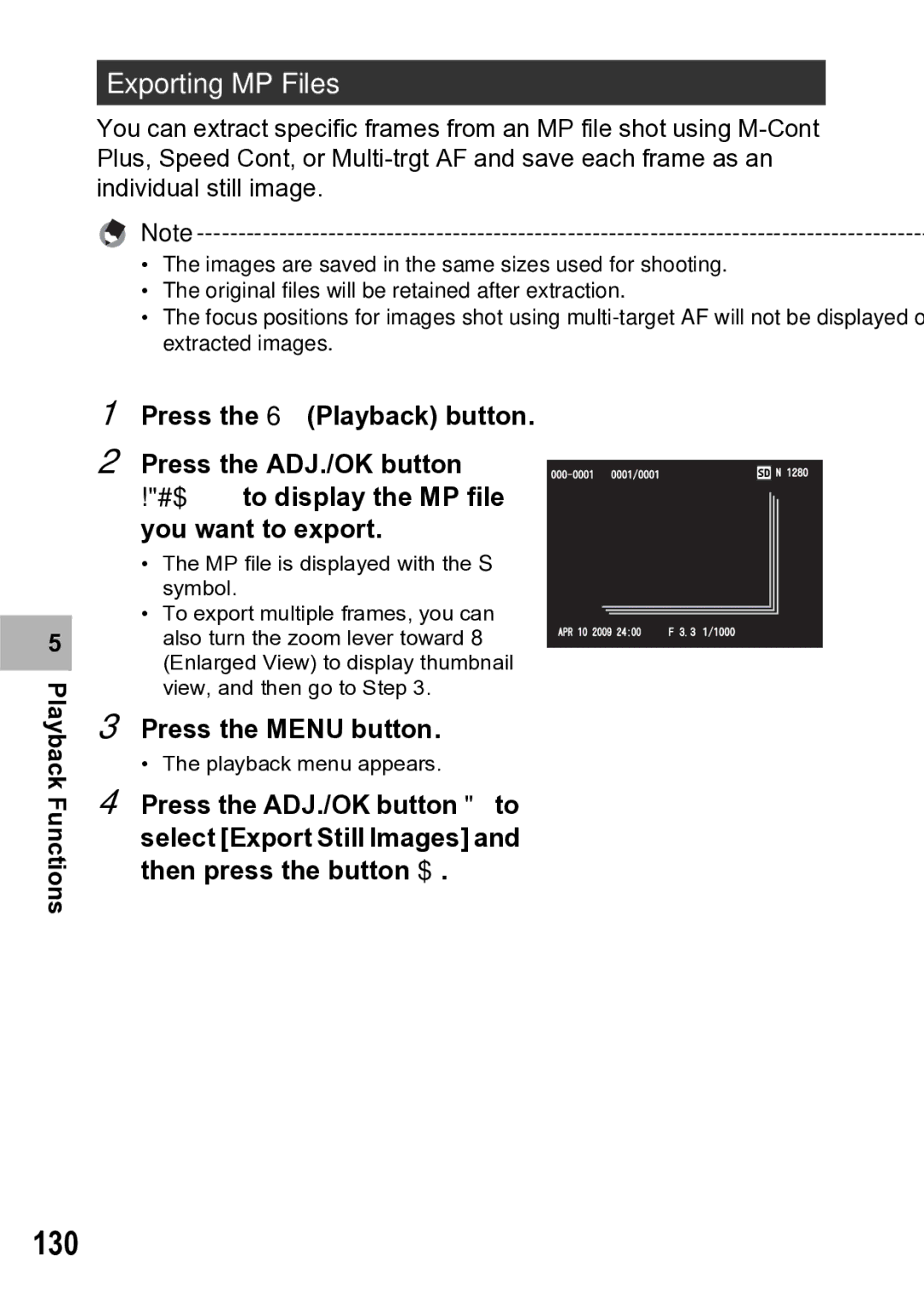 Samsung CX1 manual 130, Exporting MP Files, Playback Functions 