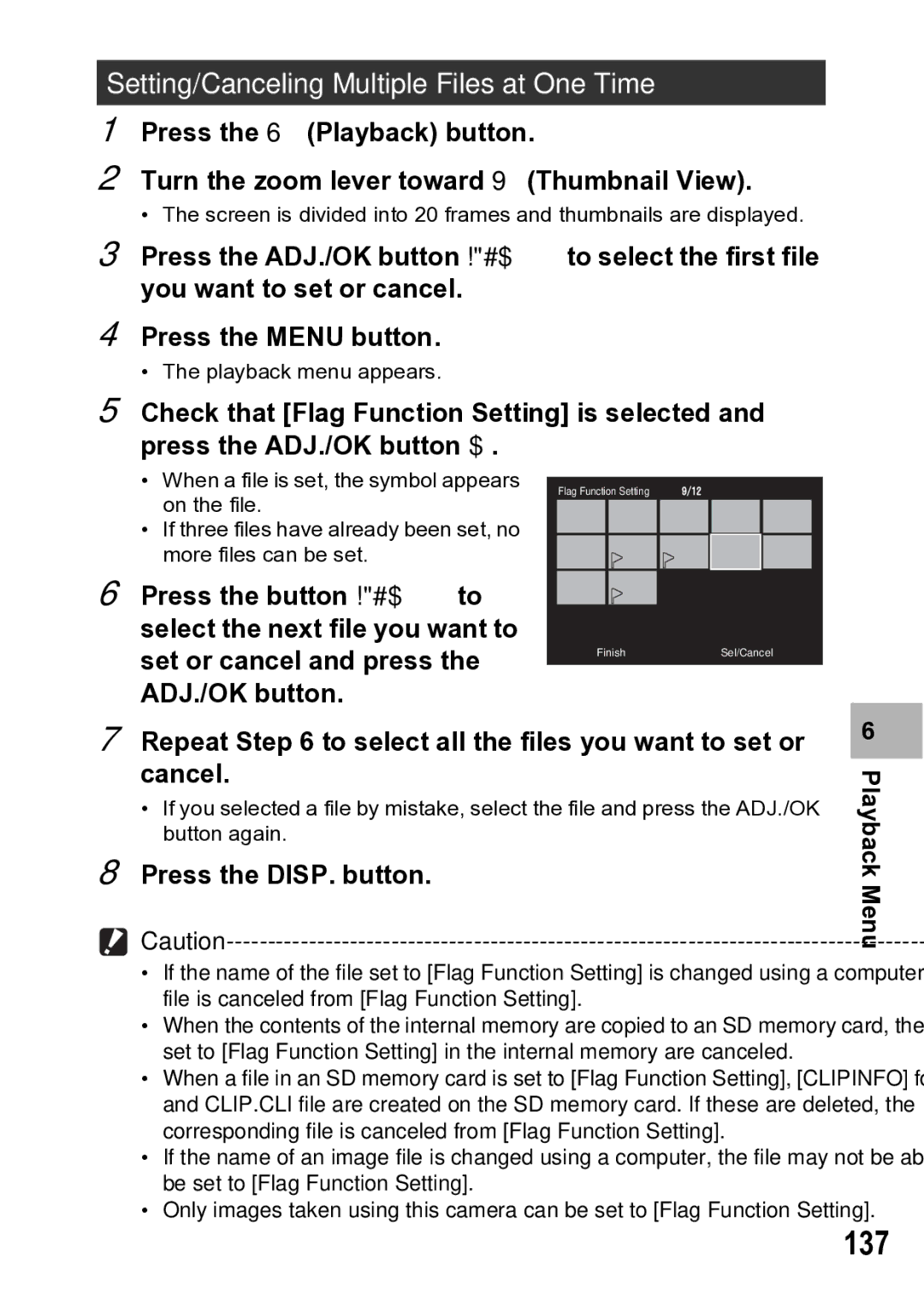 Samsung CX1 137, Setting/Canceling Multiple Files at One Time, Repeat to select all the files you want to set or cancel 