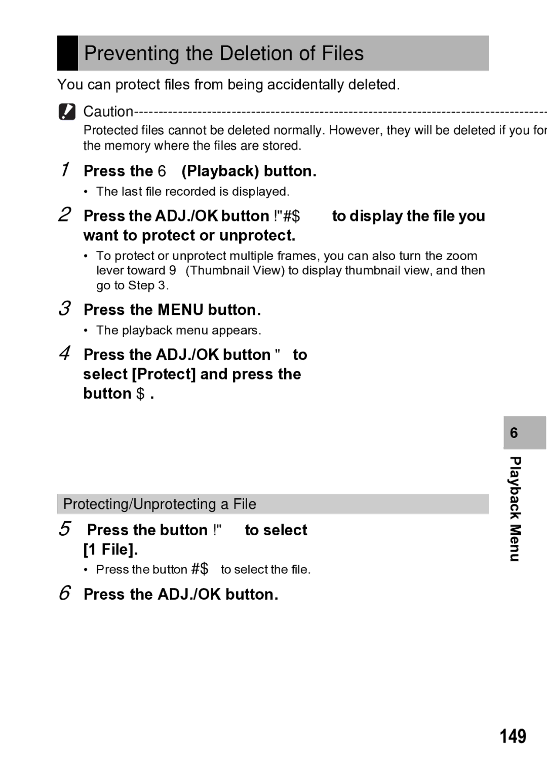 Samsung CX1 manual Preventing the Deletion of Files, 149, Press the ADJ./OK button Playback Menu 