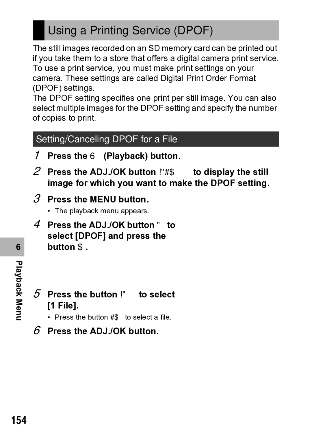 Samsung CX1 manual Using a Printing Service Dpof, 154, Setting/Canceling Dpof for a File 