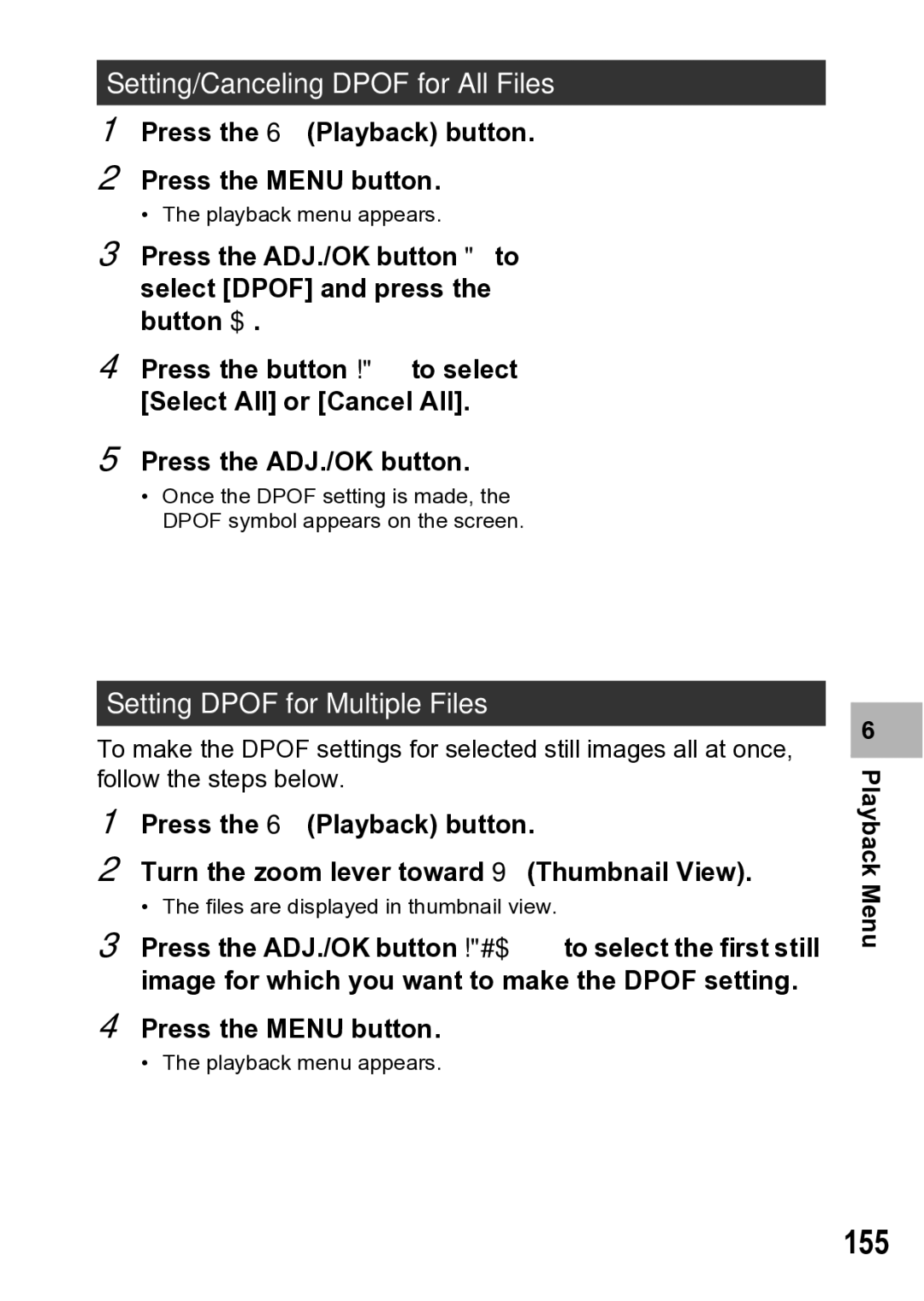 Samsung CX1 manual 155, Setting/Canceling Dpof for All Files, Setting Dpof for Multiple Files 