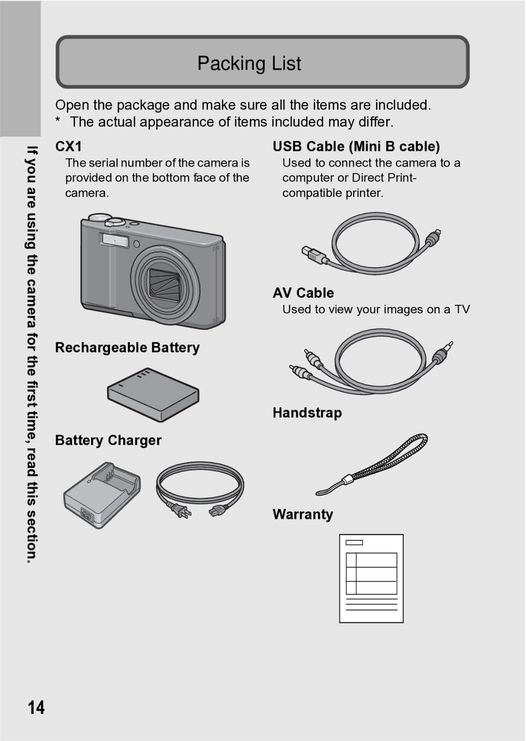 Samsung CX1 manual Packing List, Rechargeable Battery Battery Charger USB Cable Mini B cable, AV Cable 