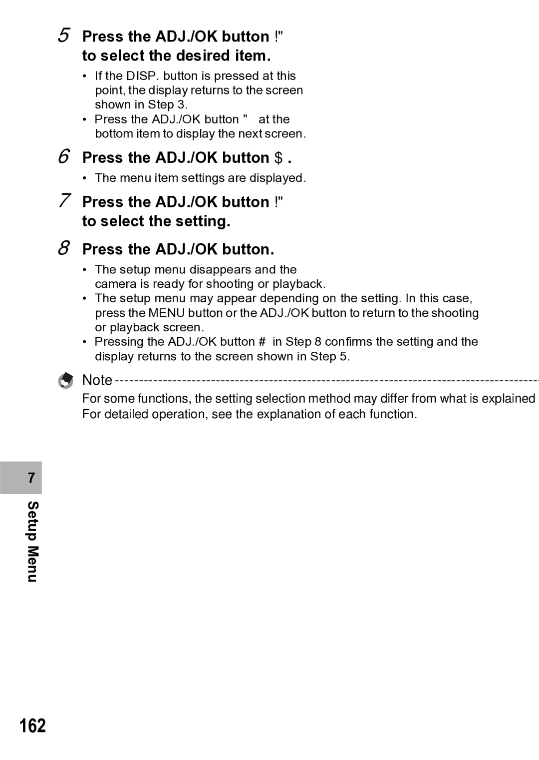 Samsung CX1 manual 162, Press the ADJ./OK button ! to select the desired item 