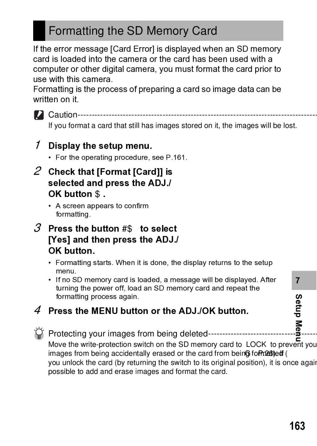 Samsung CX1 manual 163, Press the Menu button or the ADJ./OK button 