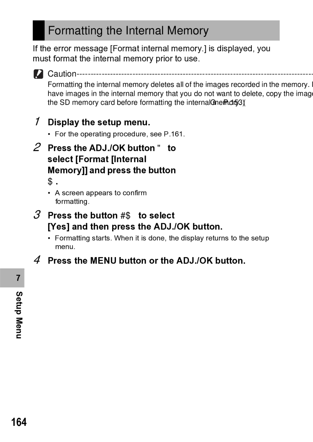 Samsung CX1 manual 164, Press the Menu button or the ADJ./OK button Setup Menu 