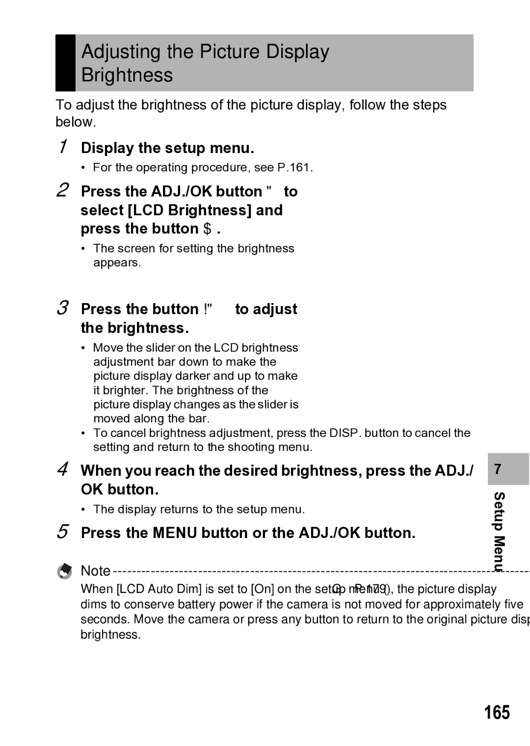 Samsung CX1 manual Adjusting the Picture Display Brightness, 165, Display the setup menu 