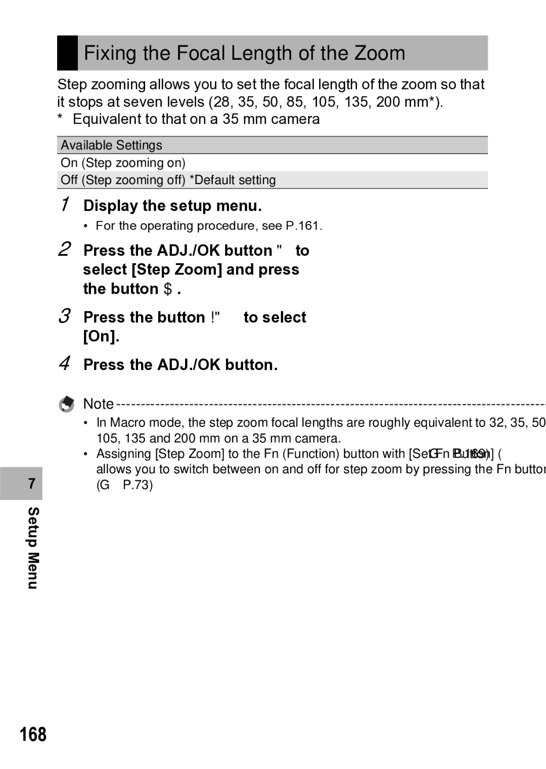 Samsung CX1 manual Fixing the Focal Length of the Zoom, 168 