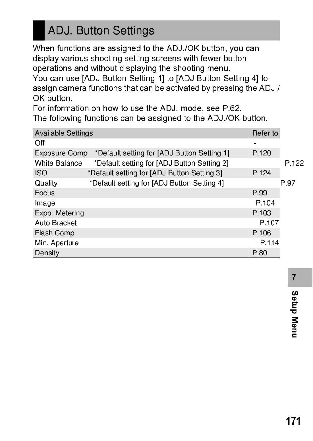 Samsung CX1 manual ADJ. Button Settings, 171 