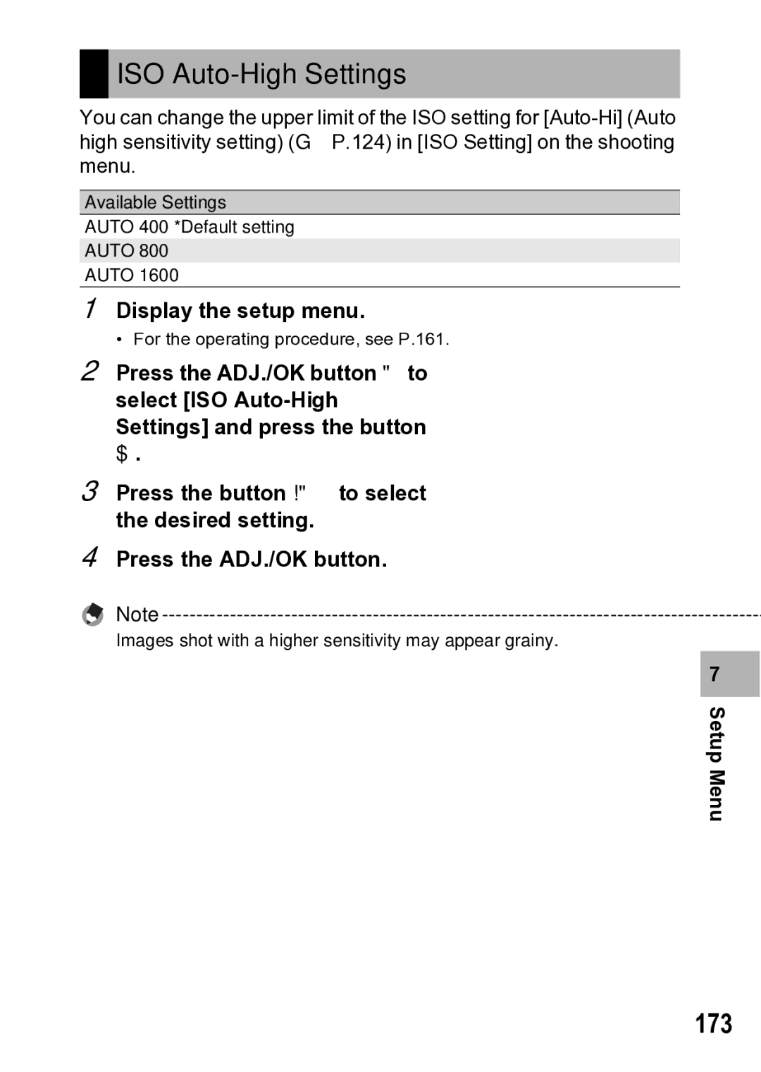 Samsung CX1 manual ISO Auto-High Settings, 173 