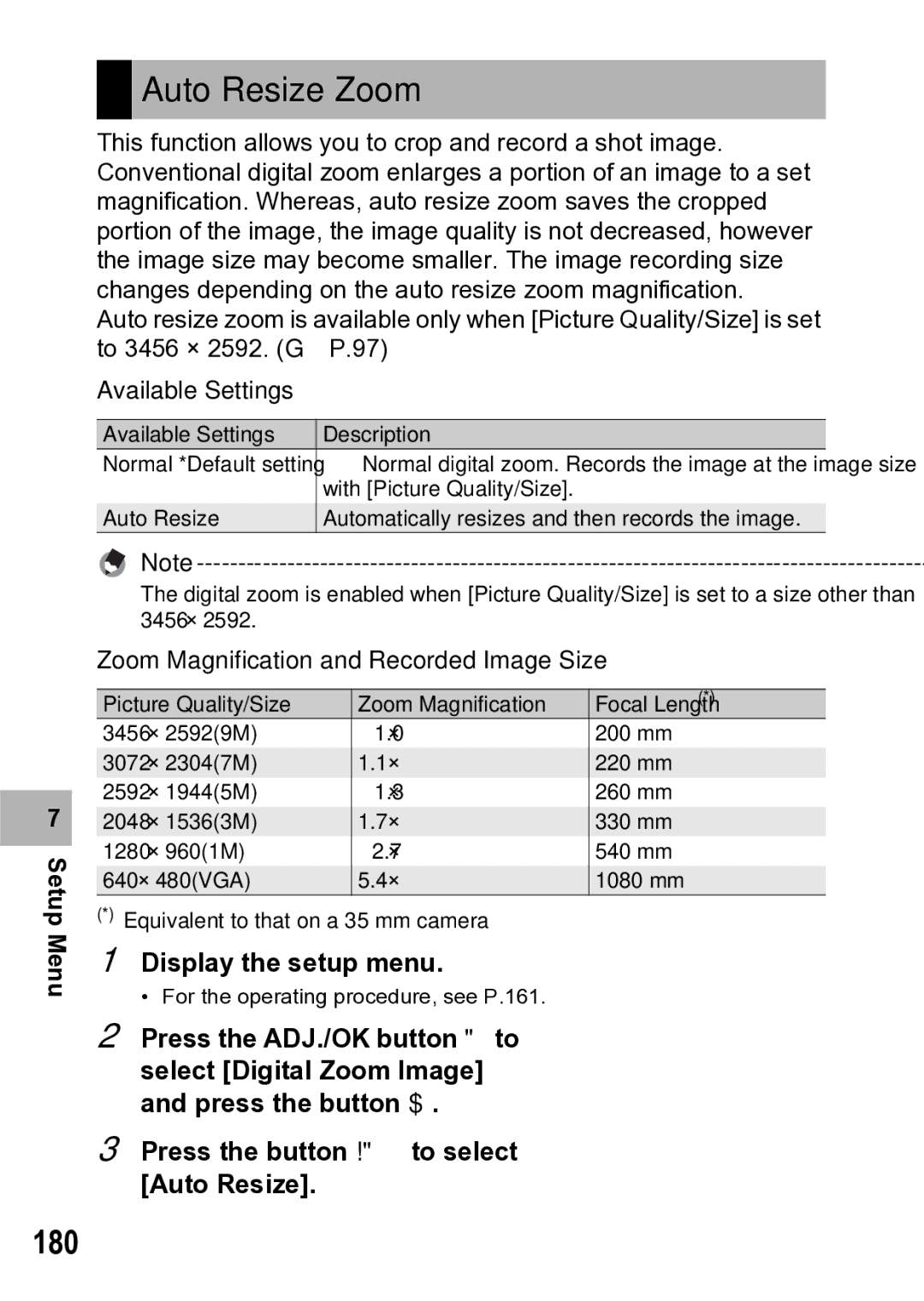 Samsung CX1 manual Auto Resize Zoom, 180, Available Settings, Zoom Magnification and Recorded Image Size 