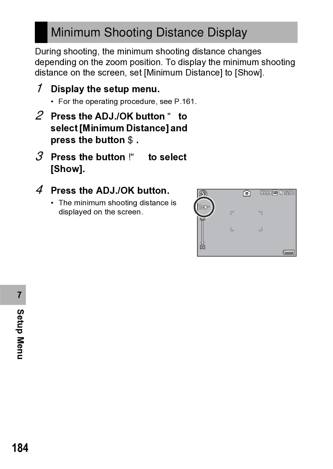 Samsung CX1 manual Minimum Shooting Distance Display, 184 