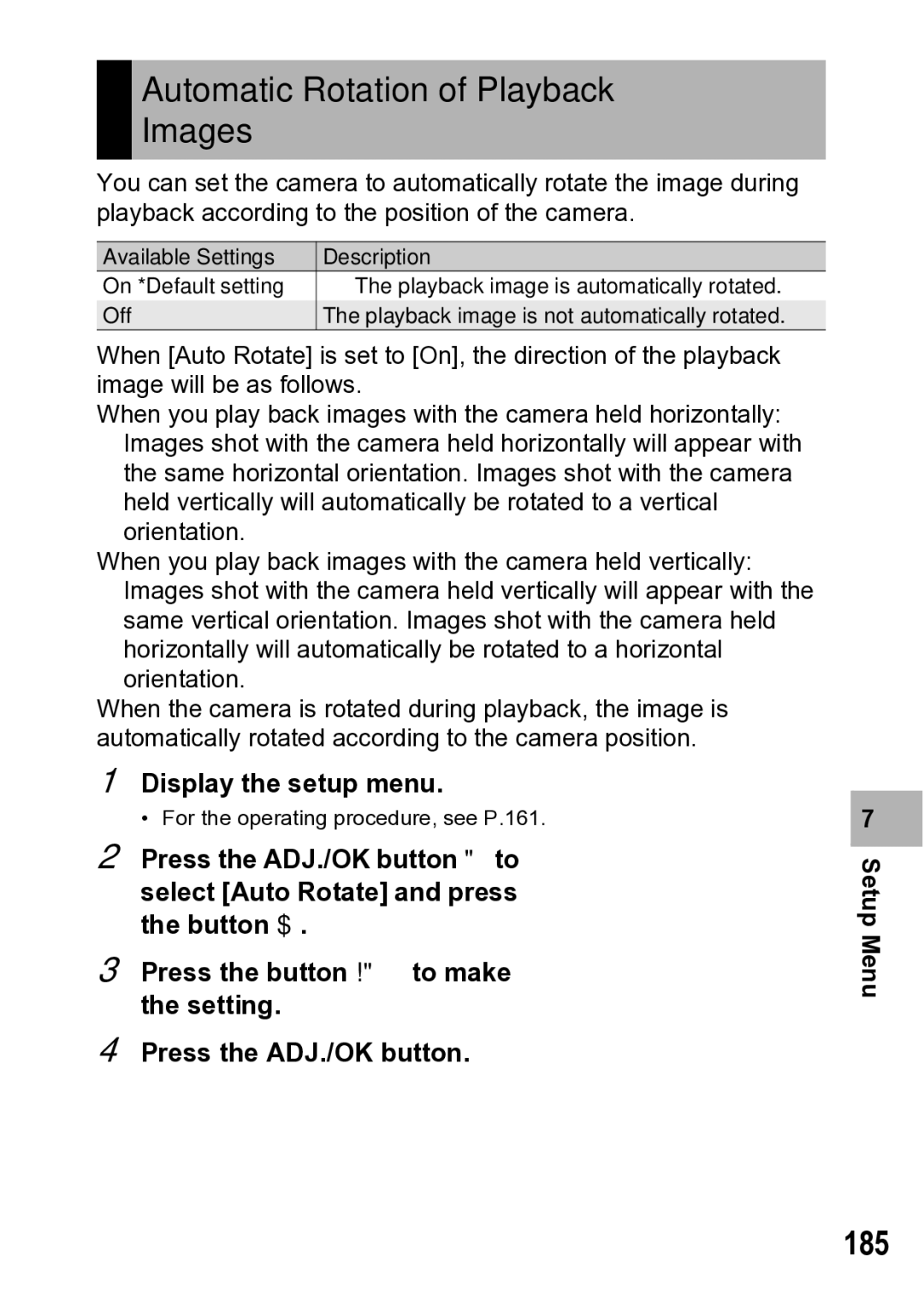 Samsung CX1 manual Automatic Rotation of Playback Images, 185 