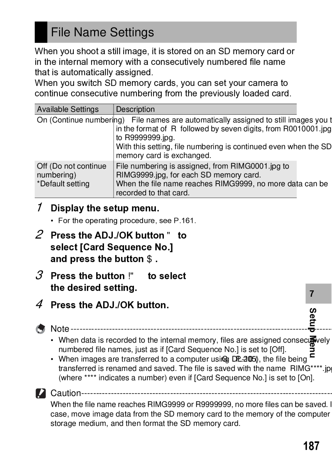 Samsung CX1 manual File Name Settings, 187 