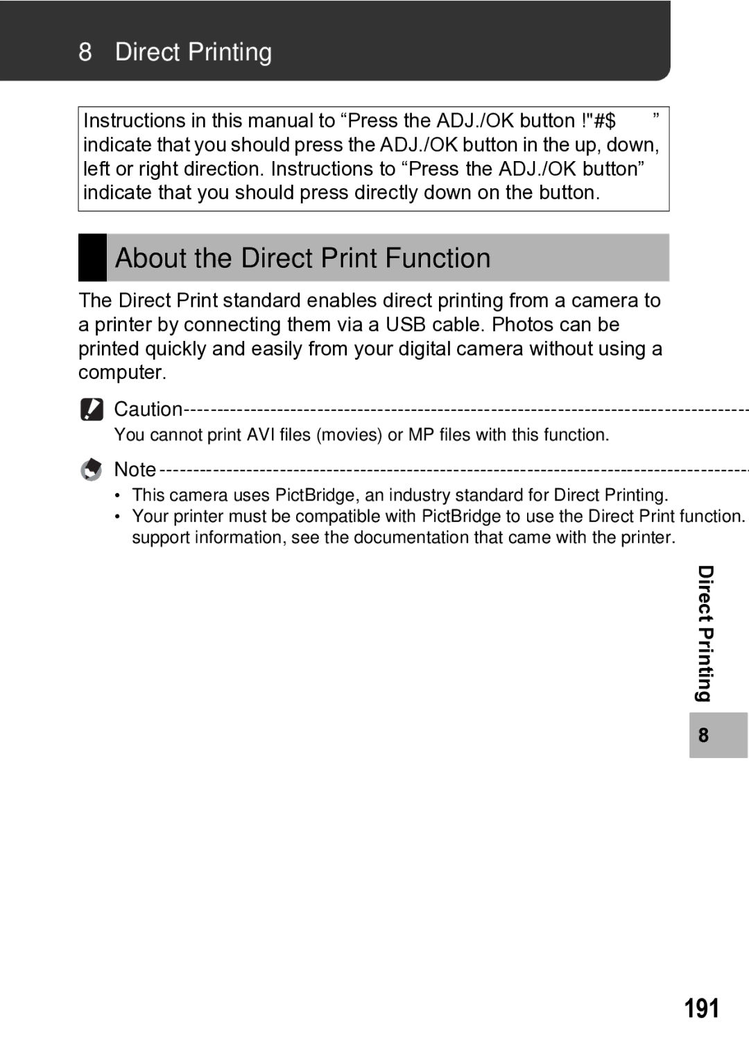 Samsung CX1 manual About the Direct Print Function, 191, Direct Printing 