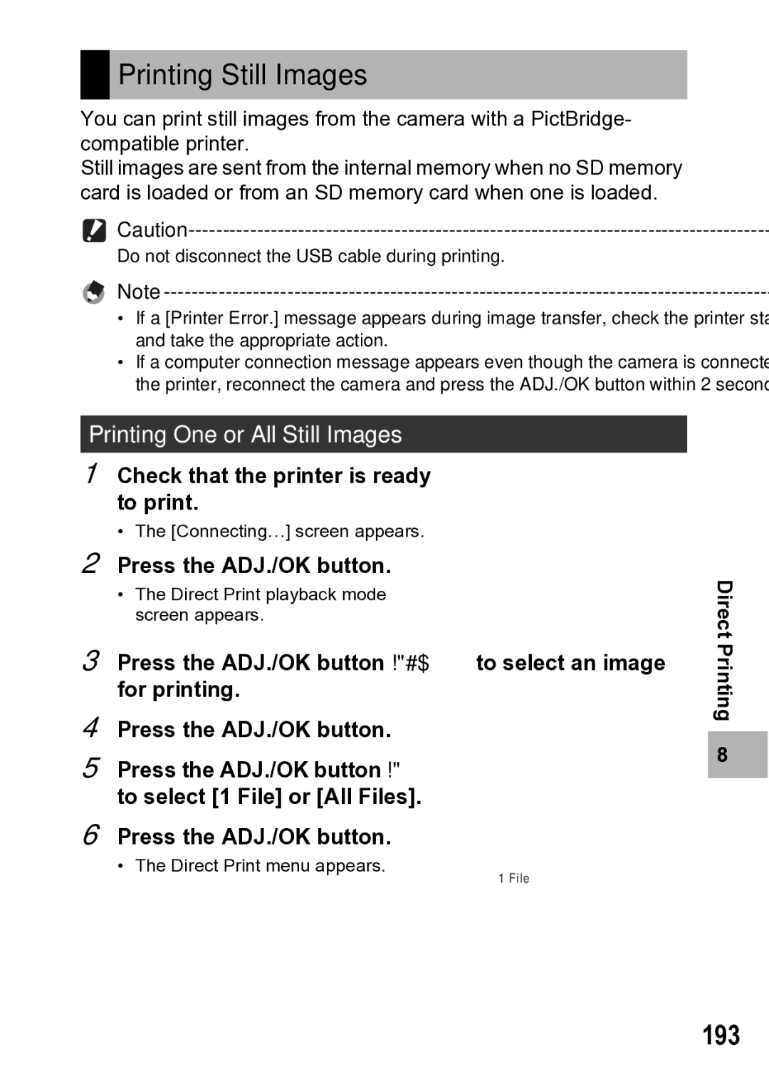 Samsung CX1 manual Printing Still Images, 193, Printing One or All Still Images, Check that the printer is ready to print 