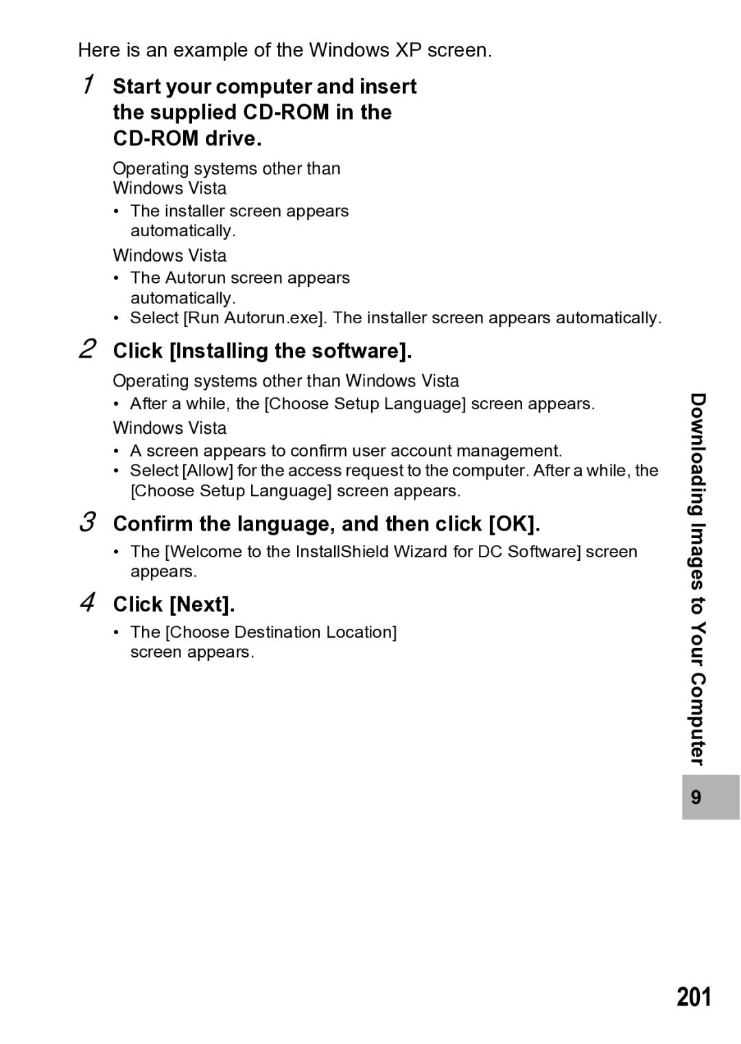 Samsung CX1 manual 201, Click Installing the software, Confirm the language, and then click OK, Click Next 