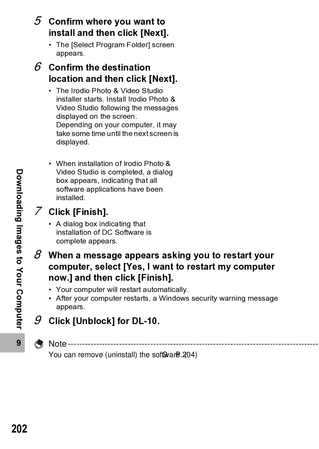 Samsung CX1 manual 202, Confirm the destination location and then click Next, Click Finish, Click Unblock for DL-10 