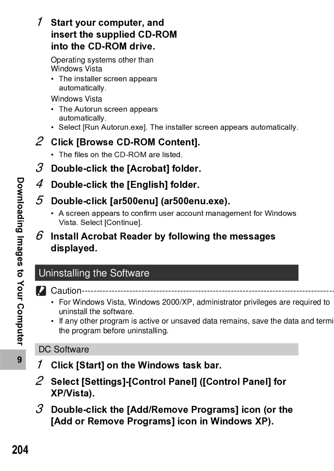 Samsung CX1 manual 204, Uninstalling the Software, Click Browse CD-ROM Content 