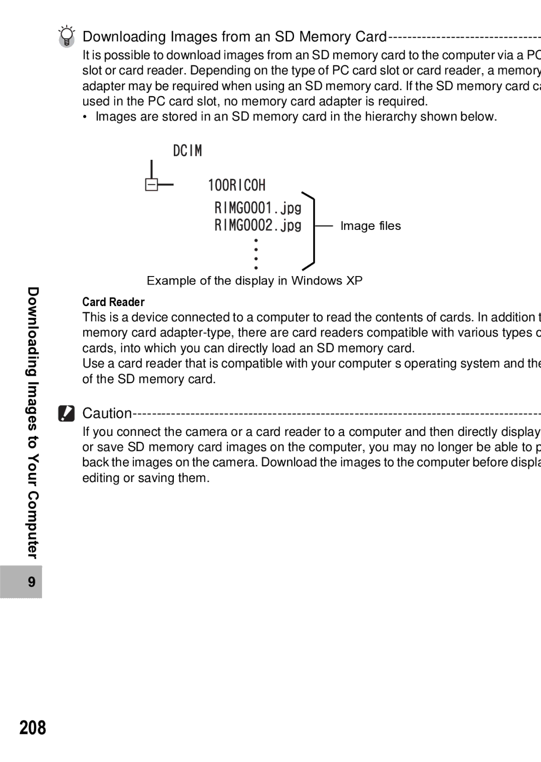 Samsung CX1 manual 208, Downloading Images from an SD Memory Card 