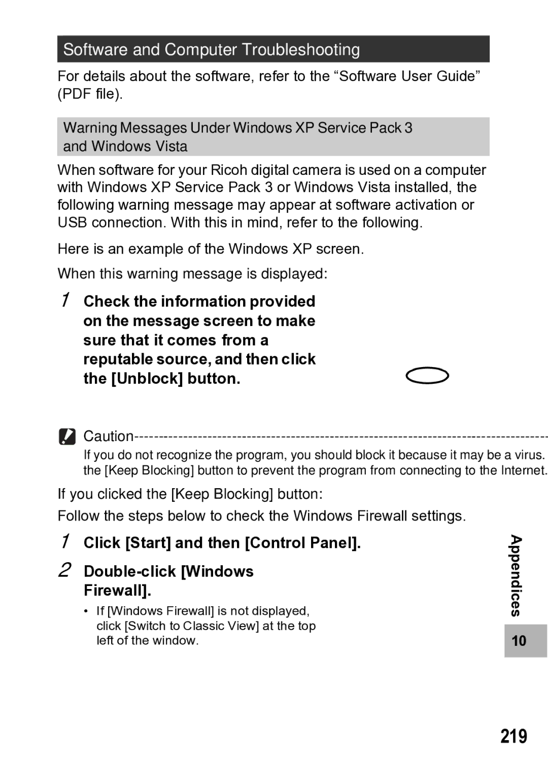 Samsung CX1 manual 219, Software and Computer Troubleshooting, When this warning message is displayed 