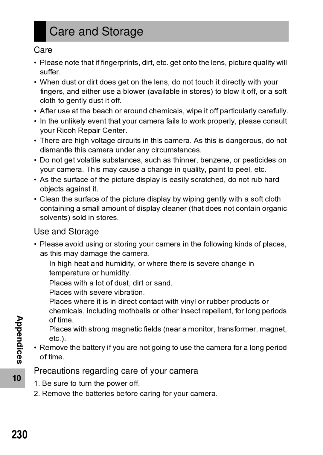 Samsung CX1 manual Care and Storage, 230, Use and Storage, Precautions regarding care of your camera 