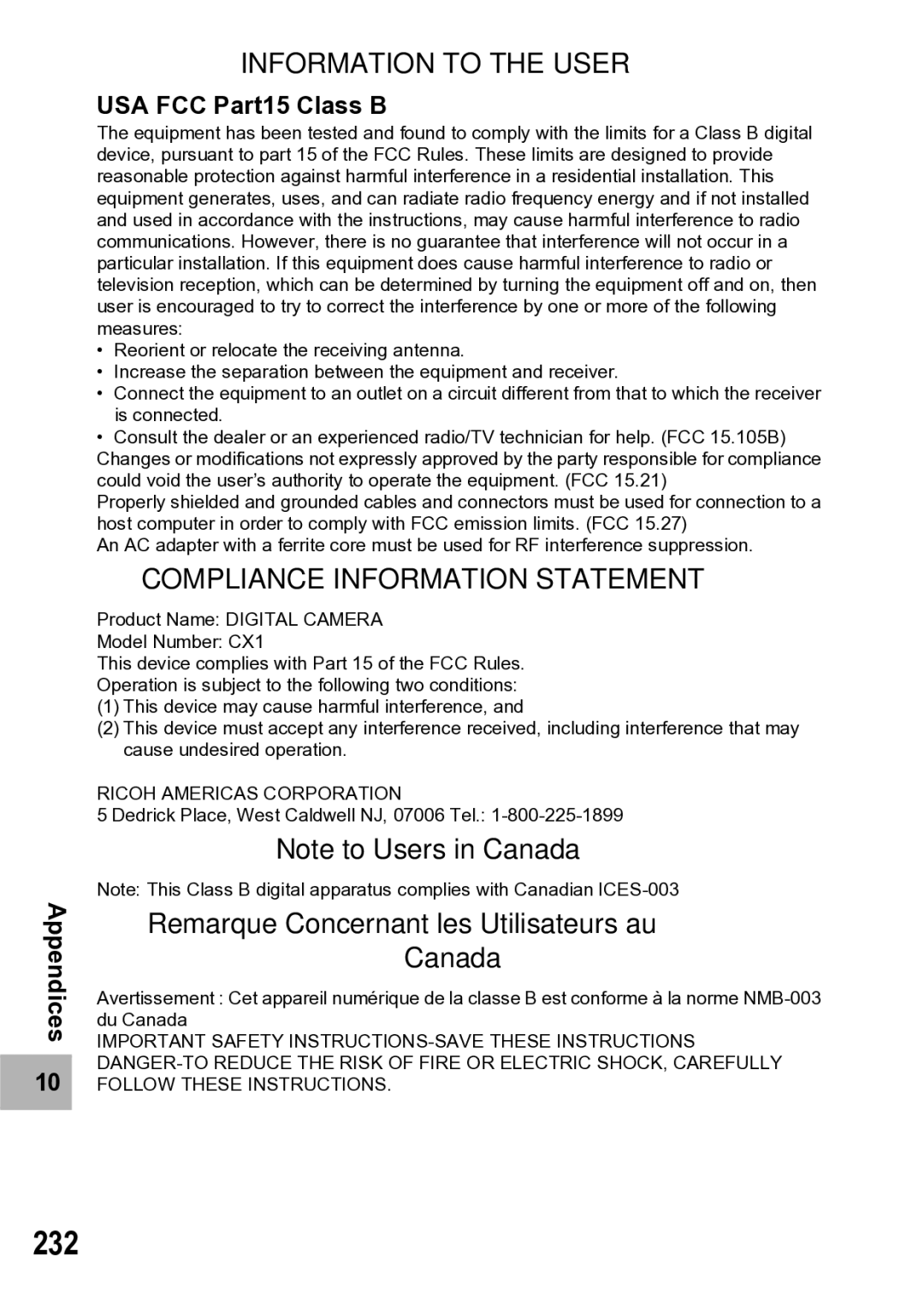 Samsung CX1 manual 232, Remarque Concernant les Utilisateurs au Canada, USA FCC Part15 Class B 