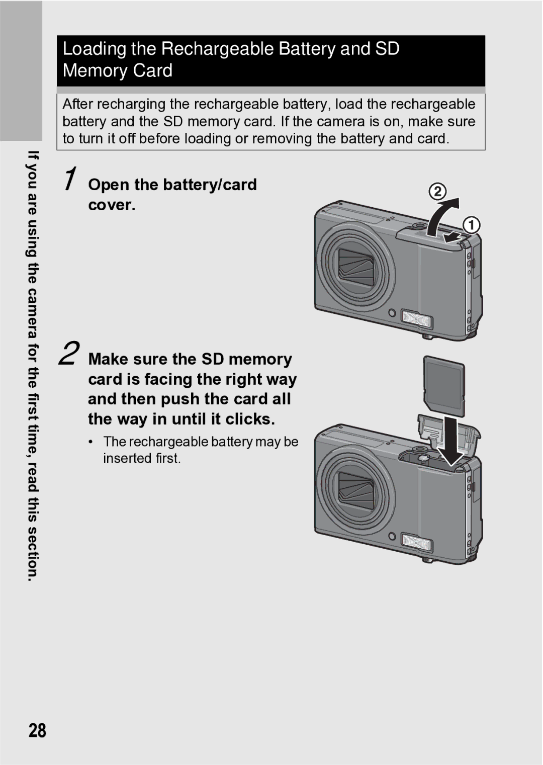 Samsung CX1 manual Loading the Rechargeable Battery and SD Memory Card 