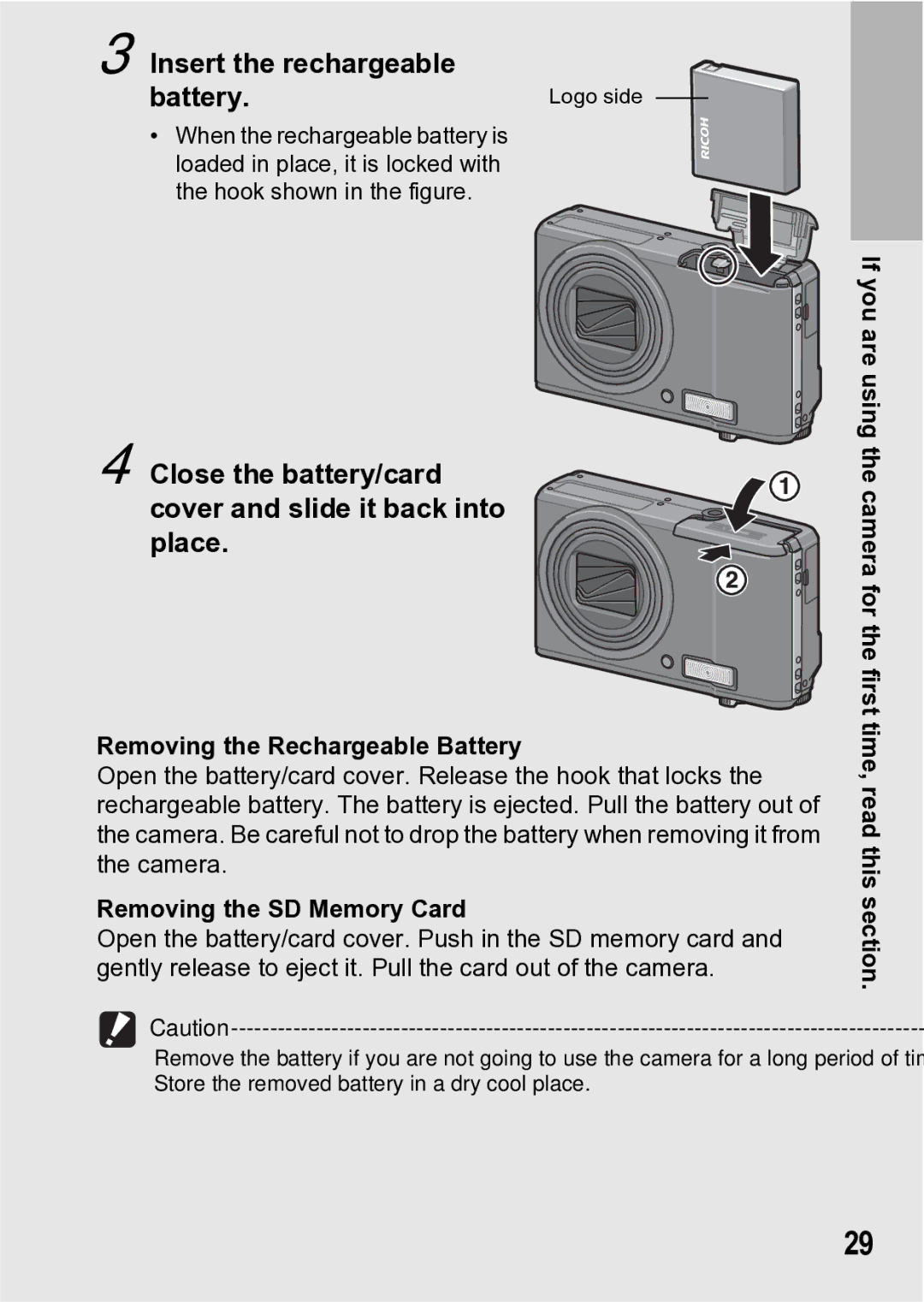 Samsung CX1 manual Insert the rechargeable Battery, Close the battery/card cover and slide it back into place 