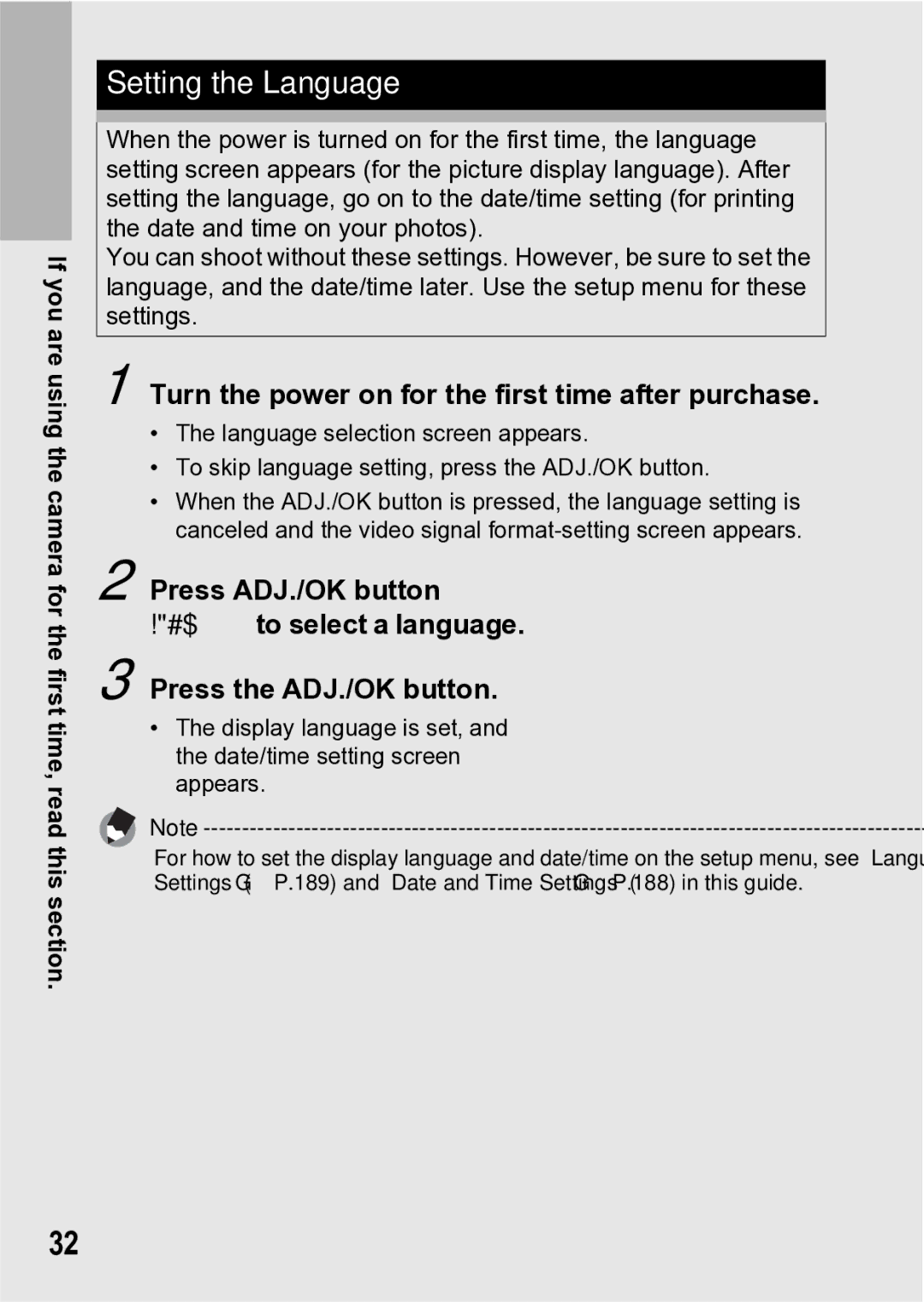 Samsung CX1 manual Setting the Language, Turn the power on for the first time after purchase 