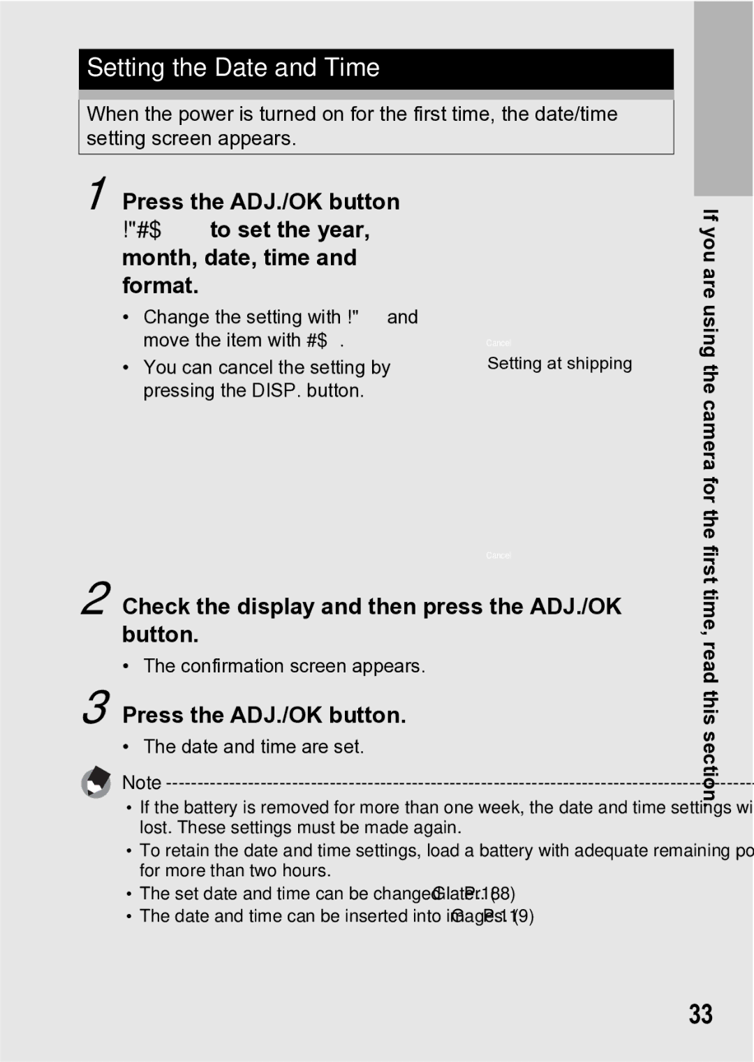 Samsung CX1 manual Setting the Date and Time, Check the display and then press the ADJ./OK button 