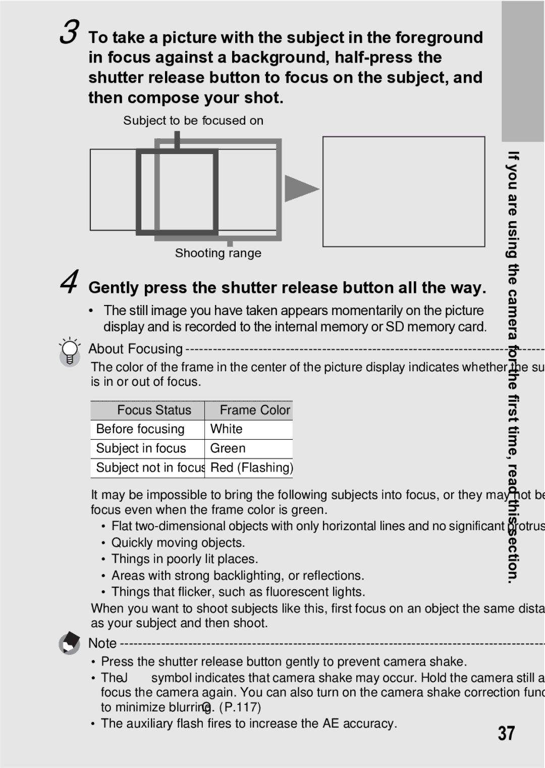 Samsung CX1 manual Gently press the shutter release button all the way, About Focusing 