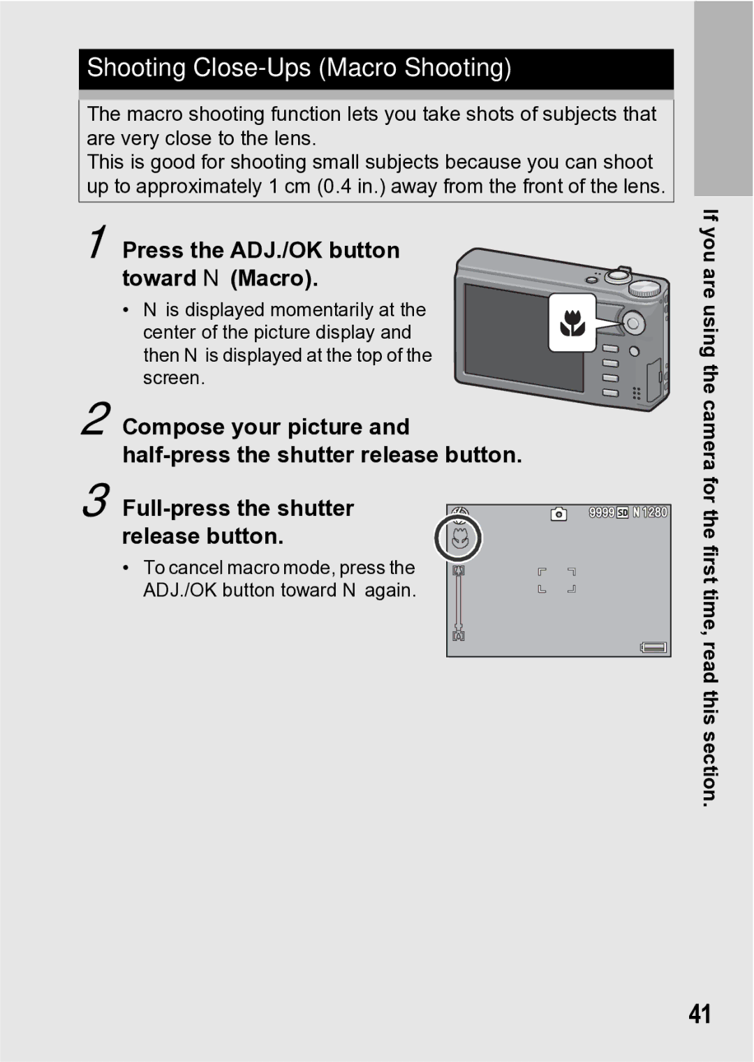 Samsung CX1 manual Shooting Close-Ups Macro Shooting, Press the ADJ./OK button toward N Macro 