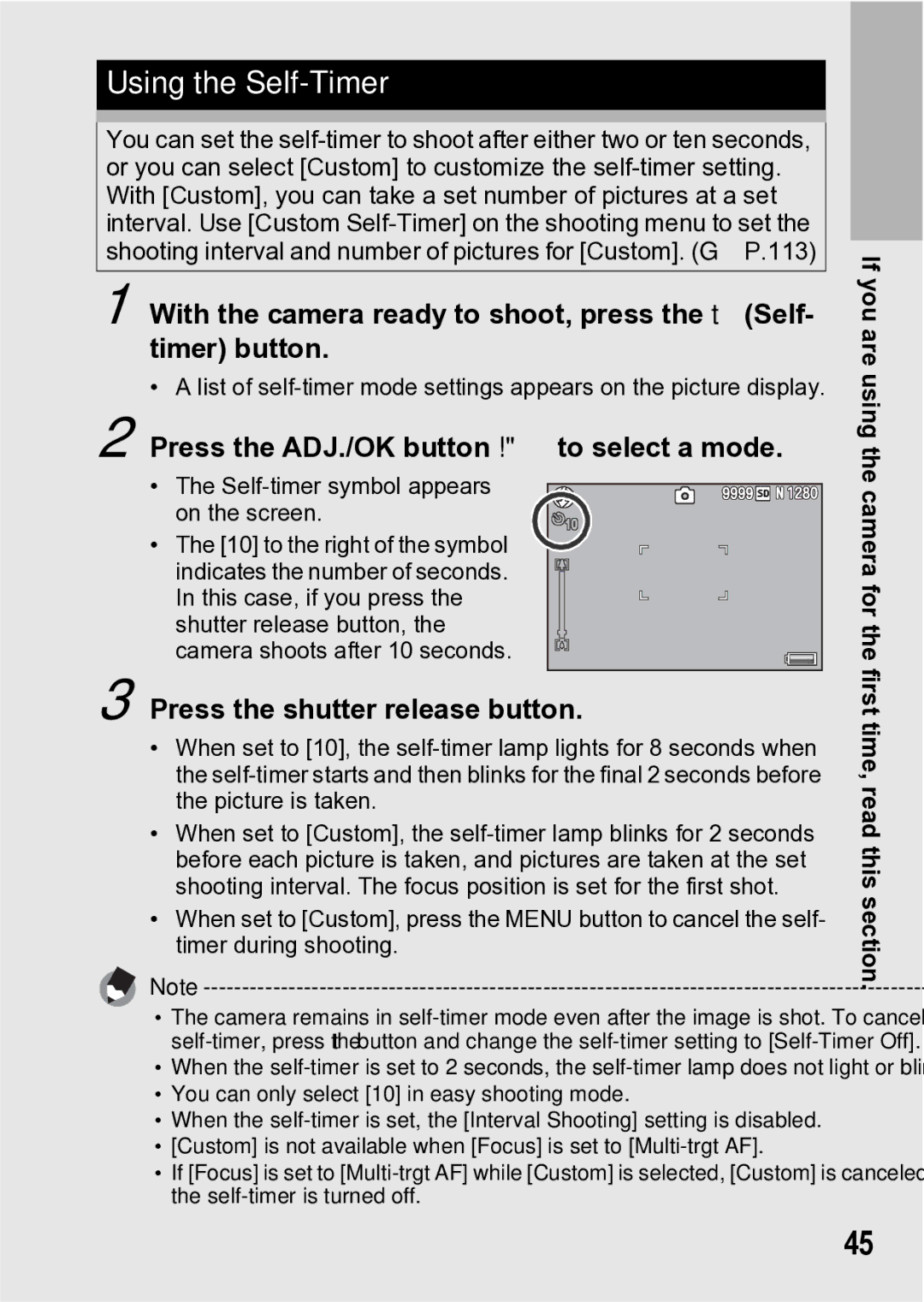 Samsung CX1 manual Using the Self-Timer, Press the ADJ./OK button ! to select a mode, Press the shutter release button 