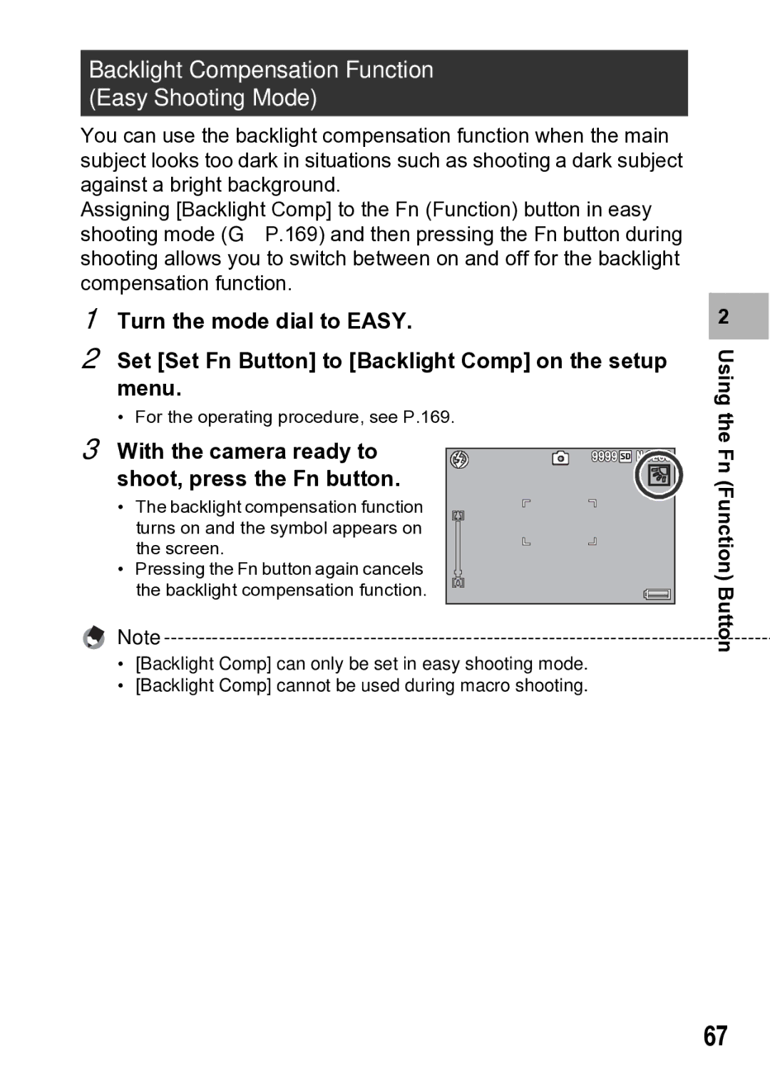 Samsung CX1 manual Backlight Compensation Function Easy Shooting Mode, With the camera ready to shoot, press the Fn button 