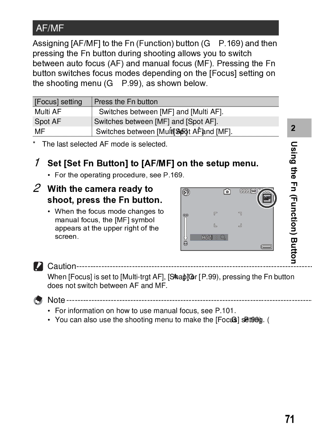 Samsung CX1 manual Af/Mf, Set Set Fn Button to AF/MF on the setup menu 